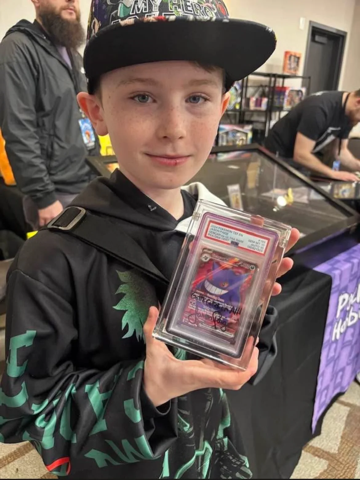 Our little pup finally got his #jasonpaige signed Gengar back from PSA! He hit the jackpot with double 10s! #psacards #pokemon #gradedguard #phantomdisplay