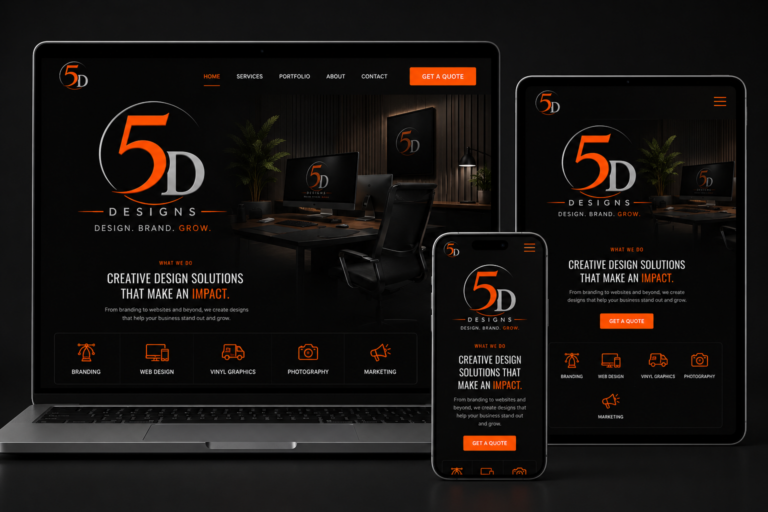 Website homepage for 5D Designs displayed on a laptop, tablet, and smartphone, featuring a dark theme with orange accents, a logo with large '5D', menu options, and icons for services like branding, web design, vinyl graphics, photography, and market
