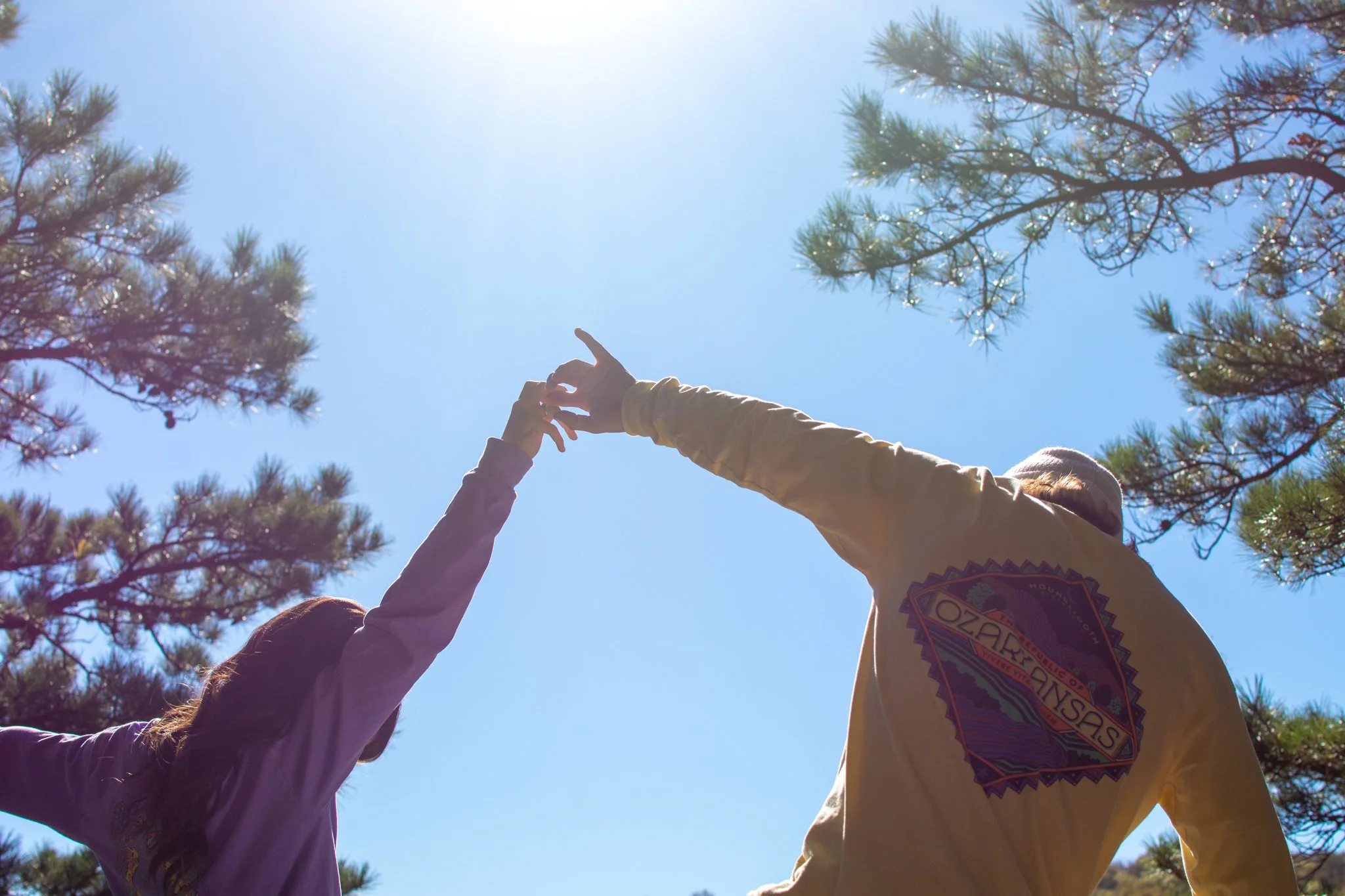 Two people reaching upward with their hands in a sunny outdoor setting with pine trees.