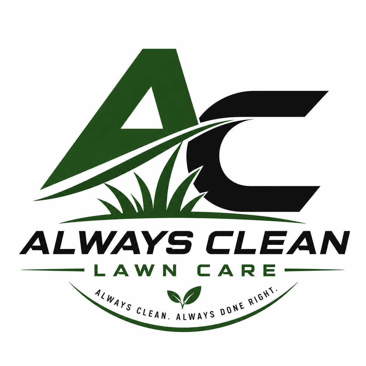 Logo for Always Clean Lawn Care with a large green 'A' and black 'C' intertwined, grass and leaf graphics, and the text 'Always Clean Lawn Care' and the slogan 'Always Clean. Always Done Right.'