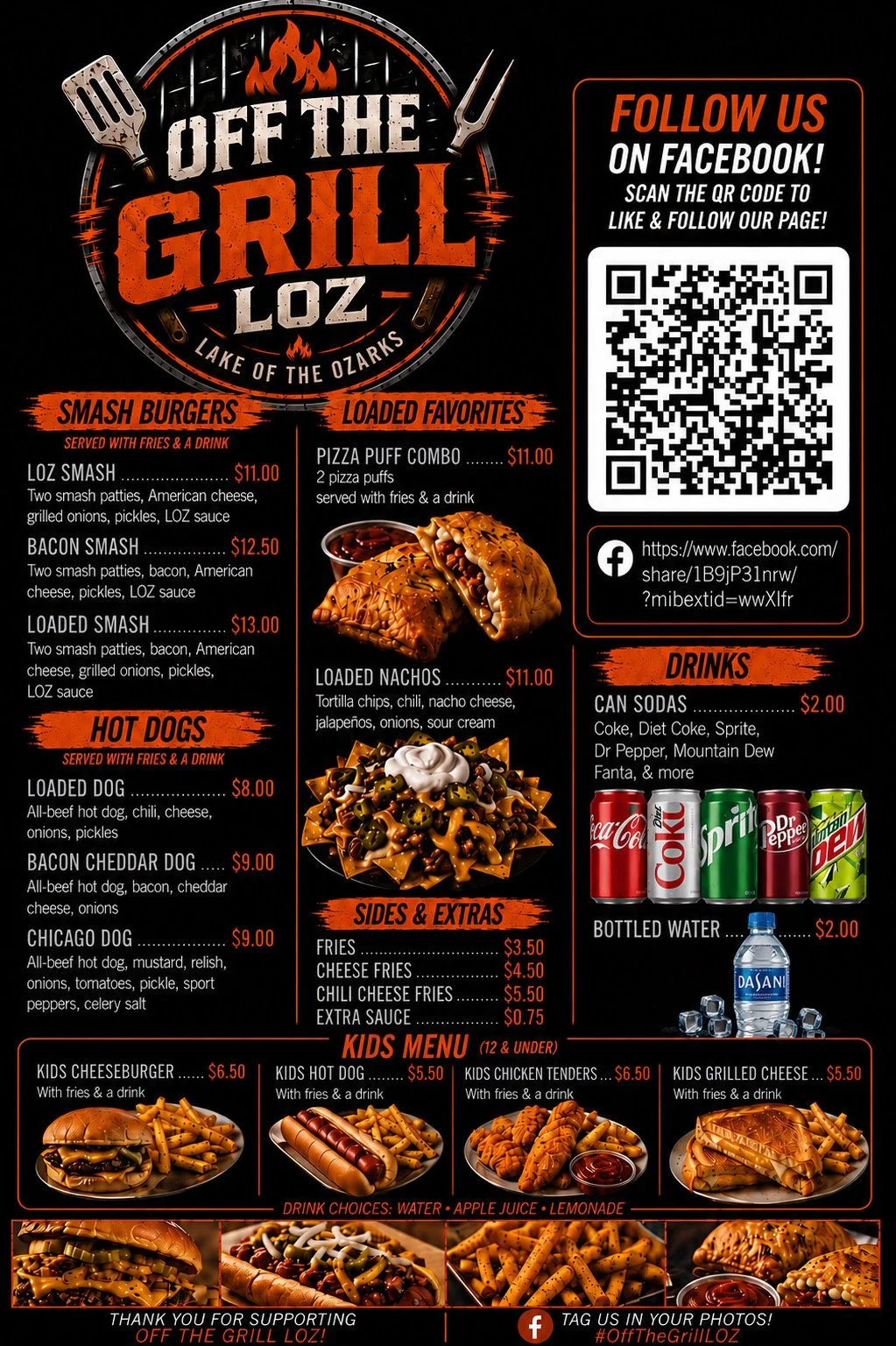 Menu for Off the Grill located in Lake of the Ozarks. Offers smash burgers, loaded favorites, hot dogs, sides, extras, drinks, and kids menu. Features photos of food items like a burger, nachos, and fries. QR code for Facebook page.