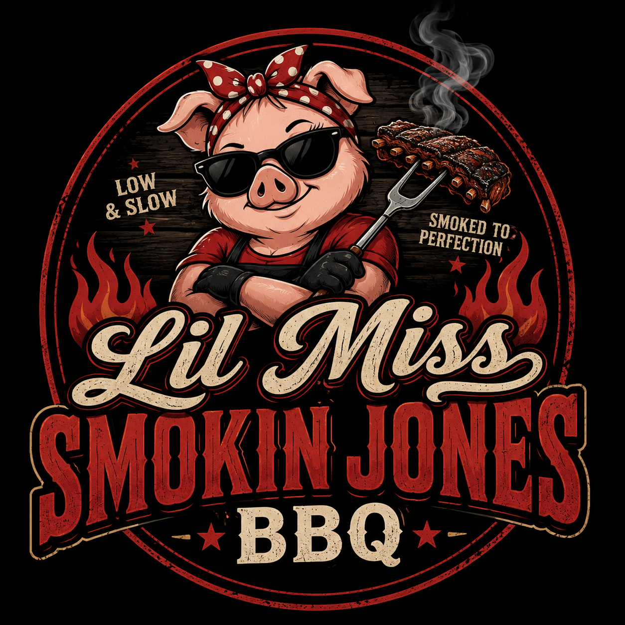 Logo featuring a pig wearing sunglasses, a bandana, and gloves, holding a fork with smoked ribs, surrounded by flames and text promoting barbecue with the slogan 'Low & Slow, Smoked to Perfection,' and the name 'Lu Miss Smokin JONES BBQ.'