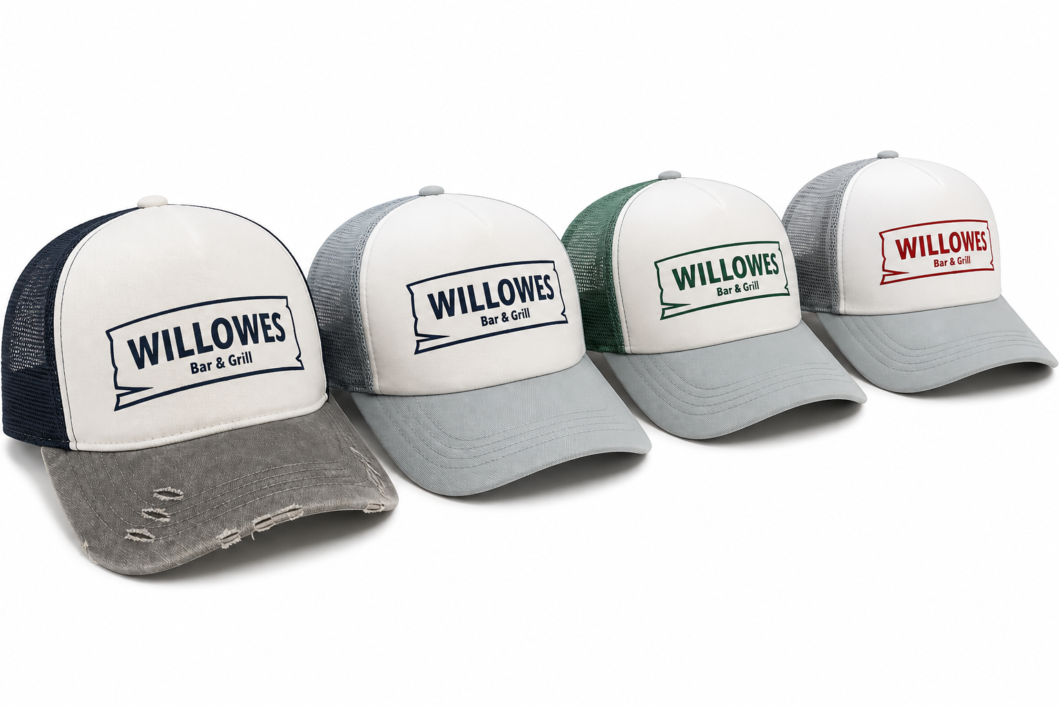 Four baseball caps in a row, each with a white front panel, Mesh back, and a curved brim. The front of each cap displays a logo reading 'WILLOWES Bar & Grill' with different colored text and trimming: navy blue, navy blue, green, and red.