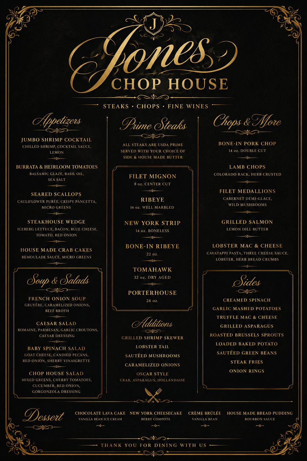 Menu from Jones Chop House featuring appetizers, prime steaks, chops and more, soup and salads, sides, additions, desserts, and beverages, set against a black background with gold text and accents.