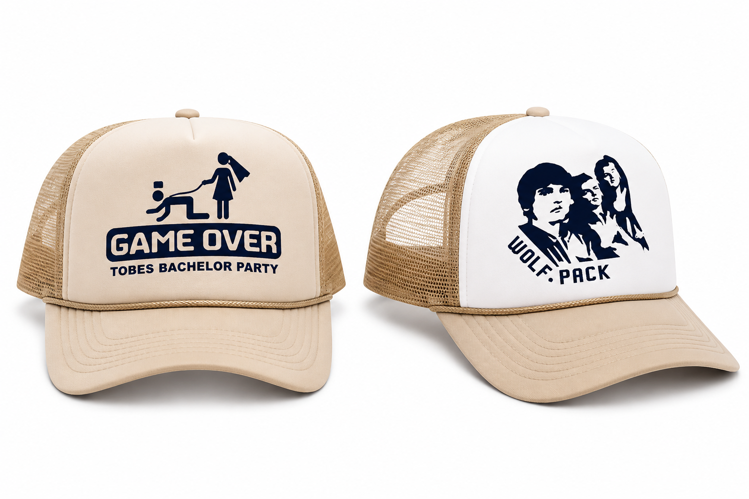 Two beige and white hats with mesh sides. One hat has a graphic of a girl pulling a boy on a leash with the text 'GAME OVER TOBS BACHELOR PARTY.' The other hat features the faces of three people with the text 'WOLF. PACK'.