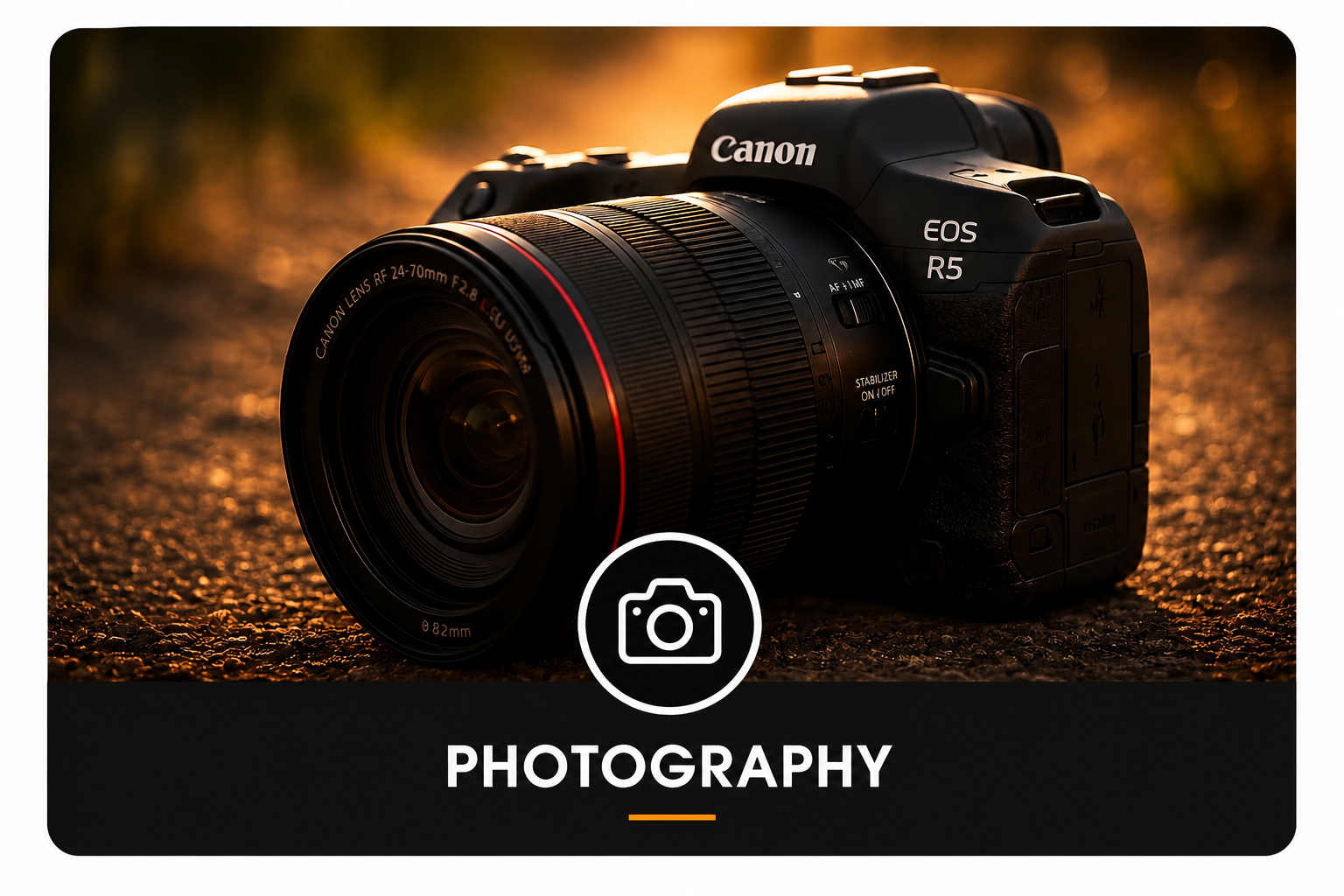A Canon EOS R5 camera with a 24-70mm lens on a textured surface, illuminated by warm, golden light.