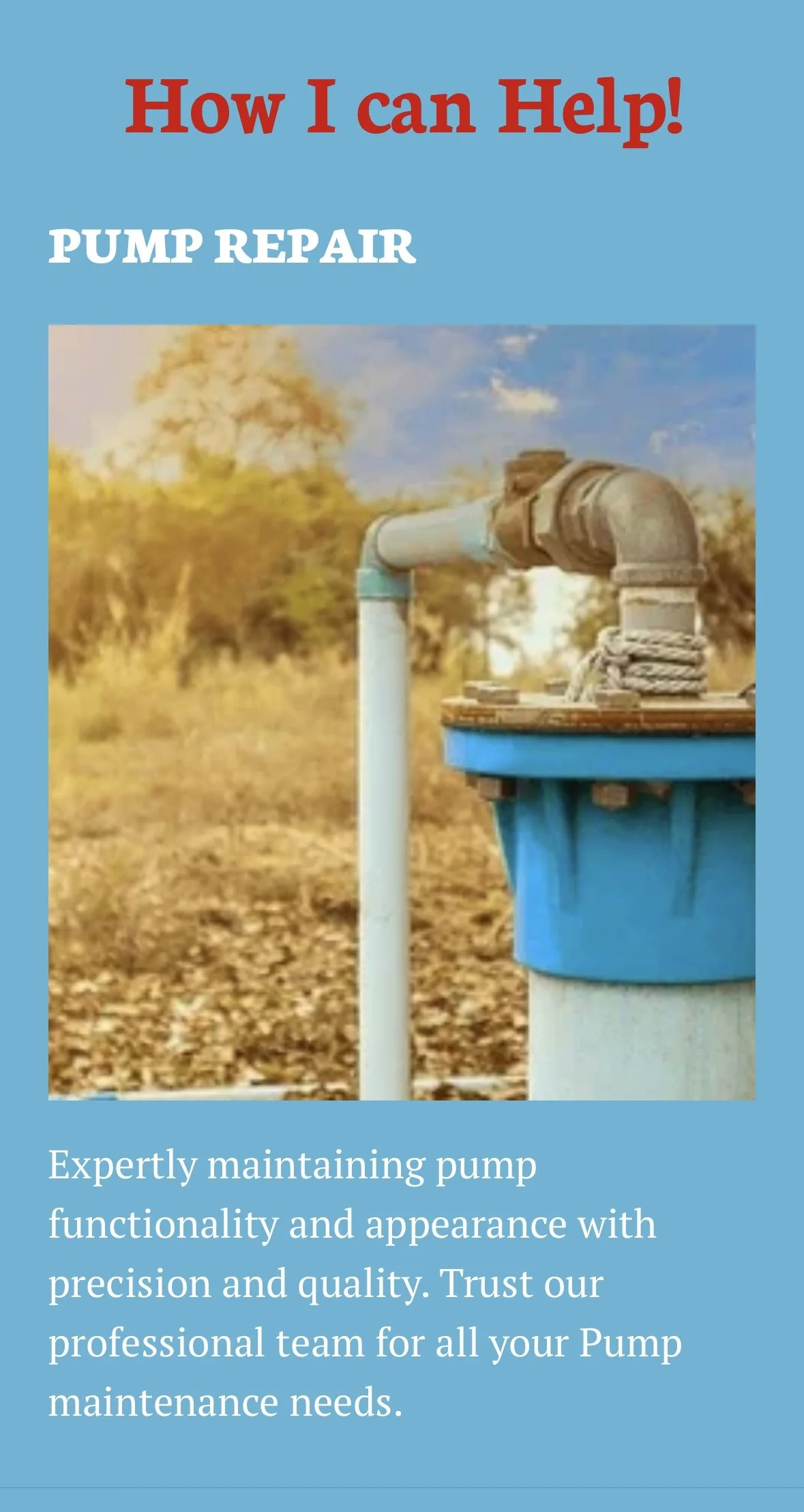 A blue water pump with a pipe on a sunny outdoor background with trees and sky, accompanied by text about pump repair services.