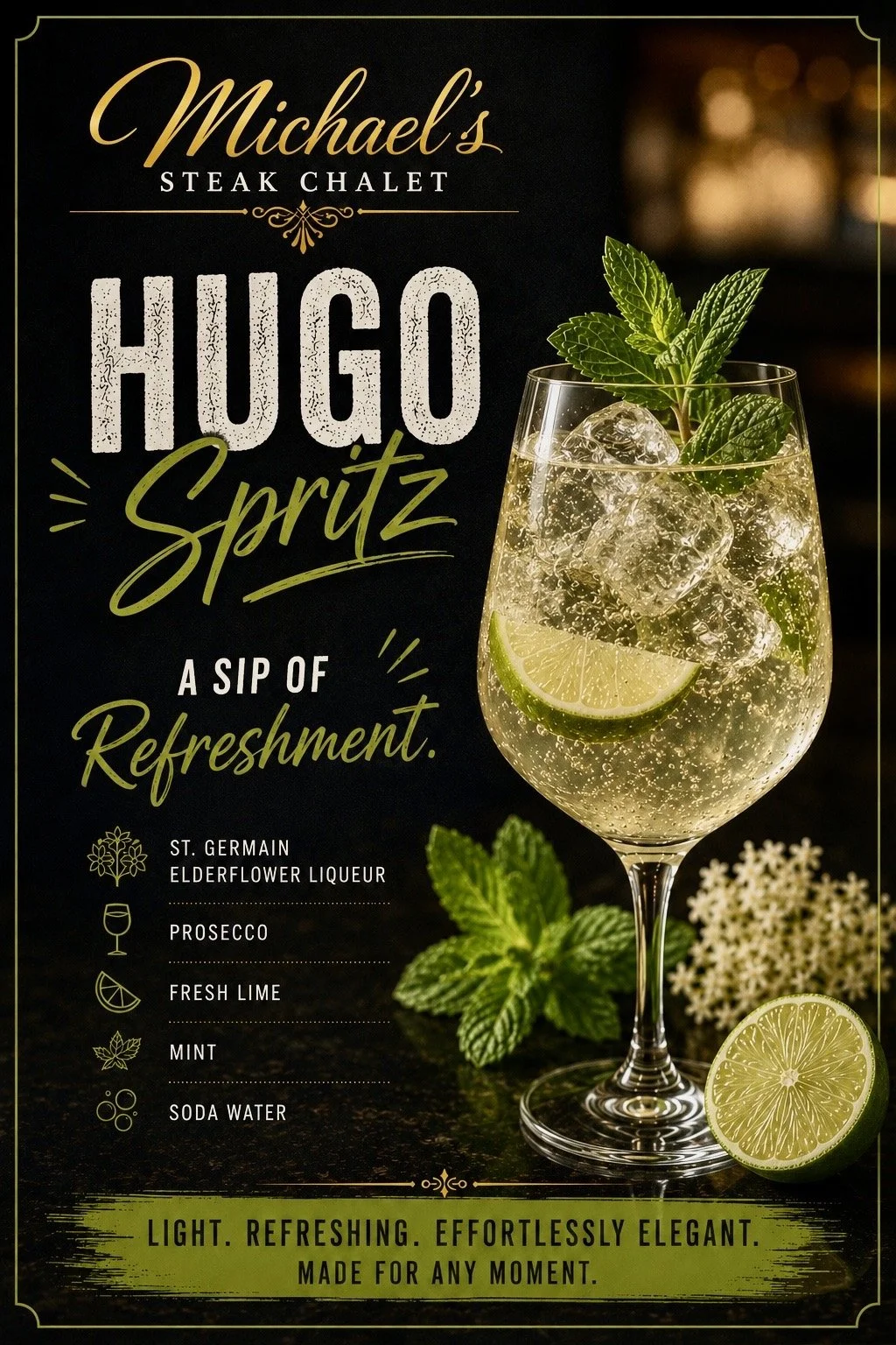 A promotional poster for Michael's Steak Chalet featuring a Hugo Spritz cocktail. The cocktail is in a wine glass with ice, lemon wedge, and mint leaves, garnished with a sprig of mint. The background is dark, and the poster includes ingredients: elderflower liqueur, prosecco, fresh lime, mint, and soda water. The bottom text describes it as light, refreshing, and elegant, suitable for any moment.