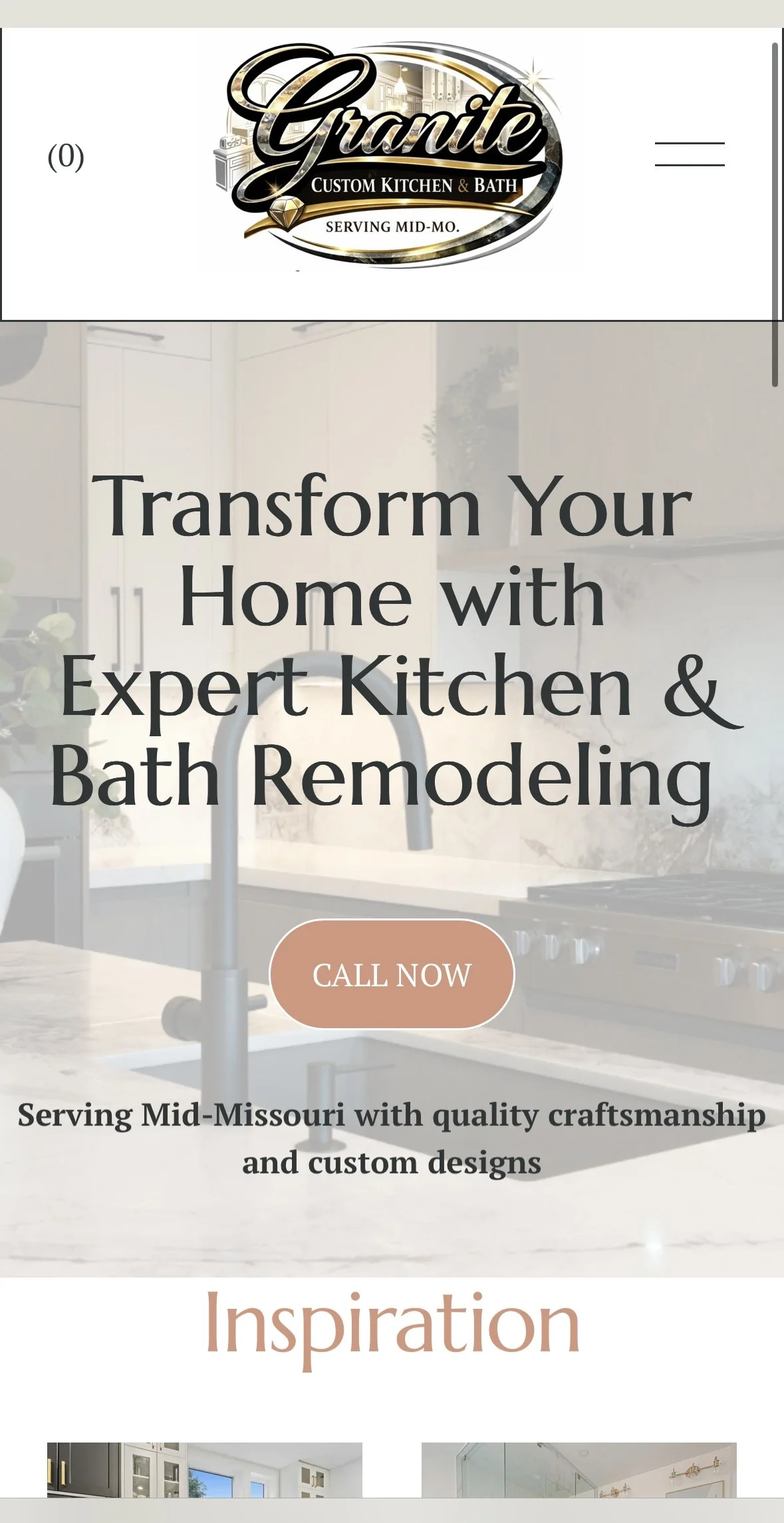 A website homepage for Granite Custom Kitchen & Bath featuring a logo at the top, a call-to-action button saying 'Call Now,' and background images of a modern kitchen and bathroom.