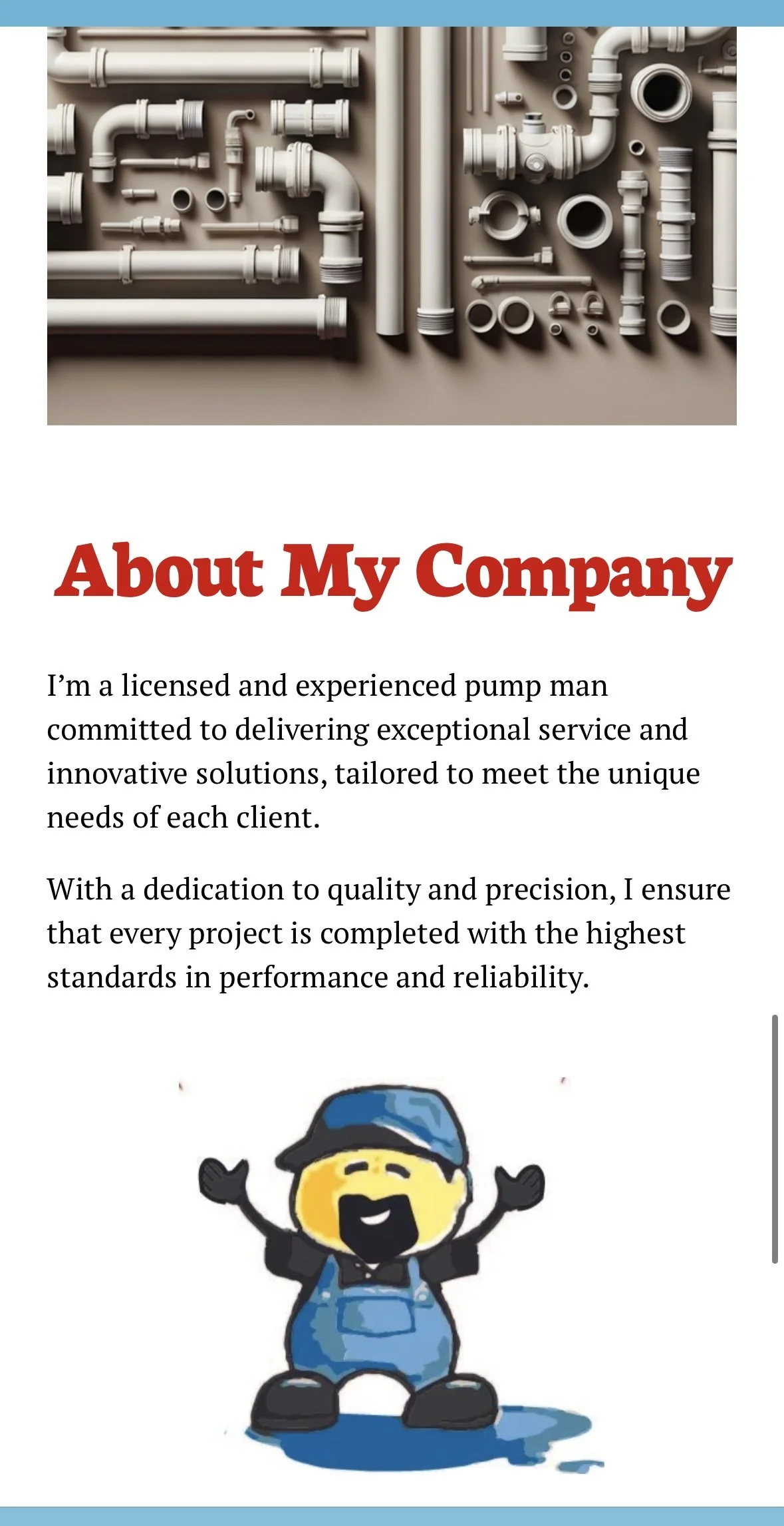 Company about section with piping diagram at the top, text explaining services by a licensed pump specialist, and a cartoon mascot with a blue cap and overalls.