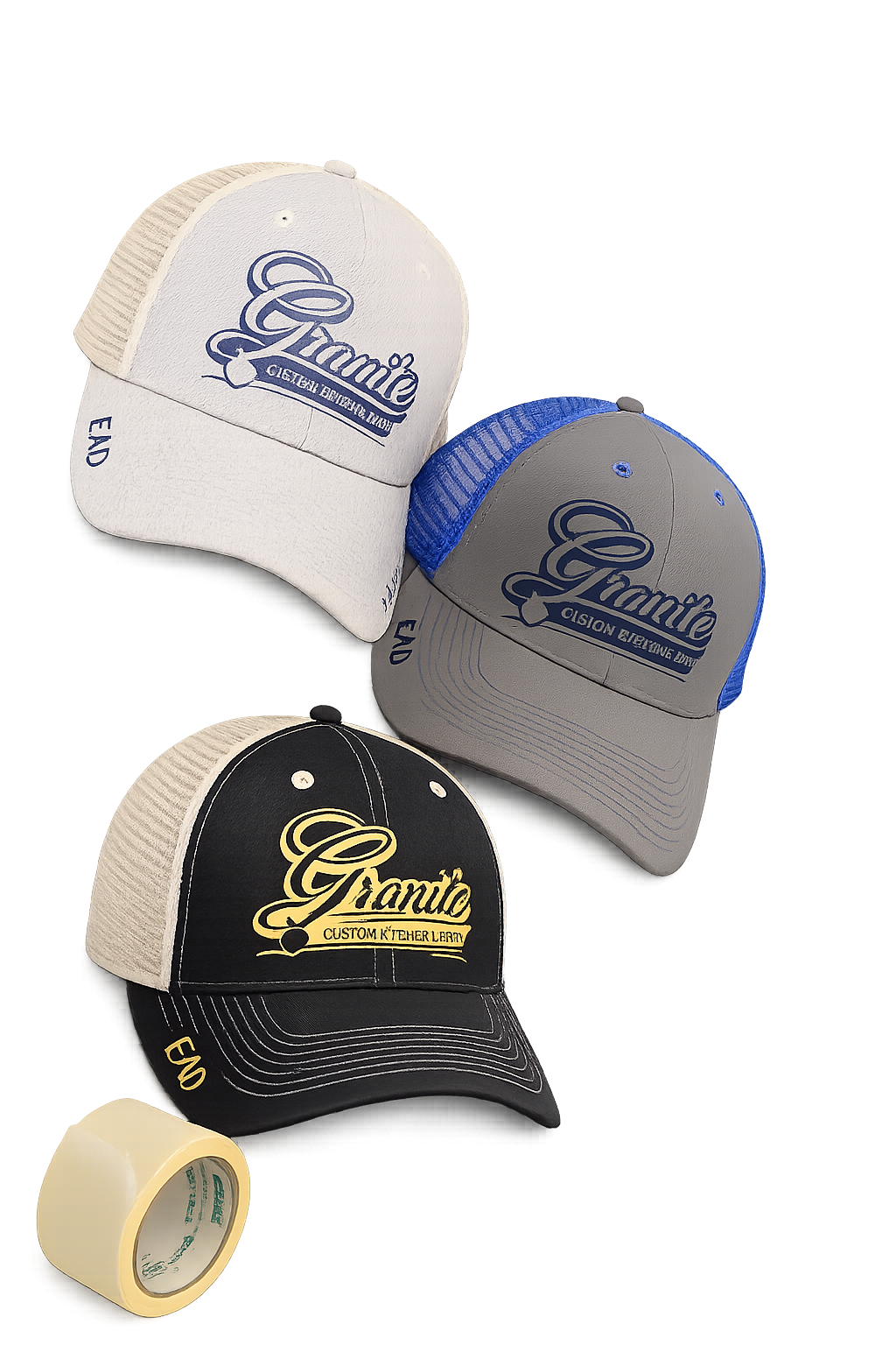 Three baseball caps, one white with blue embroidery, one gray with blue embroidery, and one black with yellow embroidery, placed on a black surface with a roll of tape nearby.