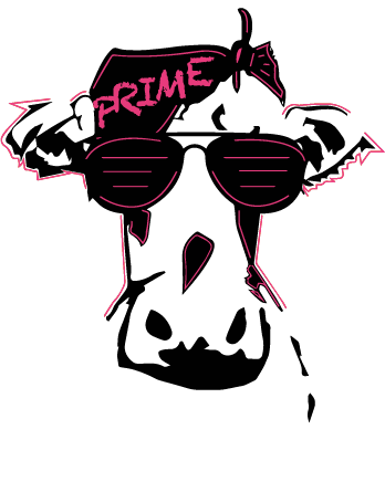 Stylized drawing of a dog wearing sunglasses and a bandana that says 'PRIME'.