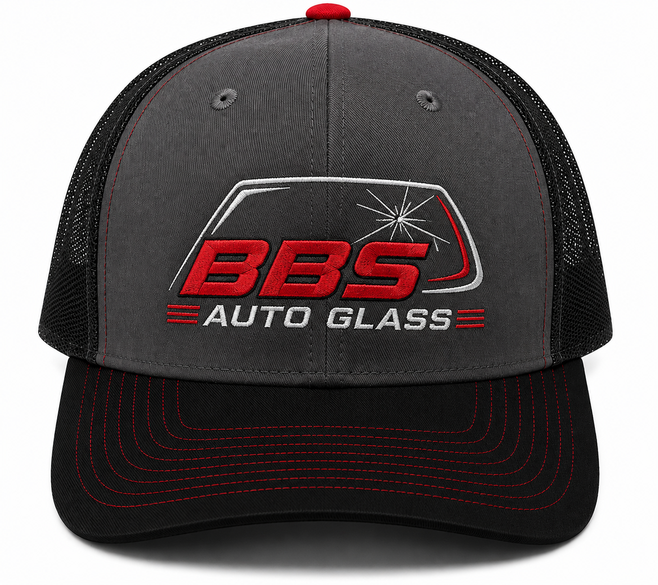 Black baseball cap with red and white embroidery of "BBS AUTO GLASS" and a stylized car outline with a starburst