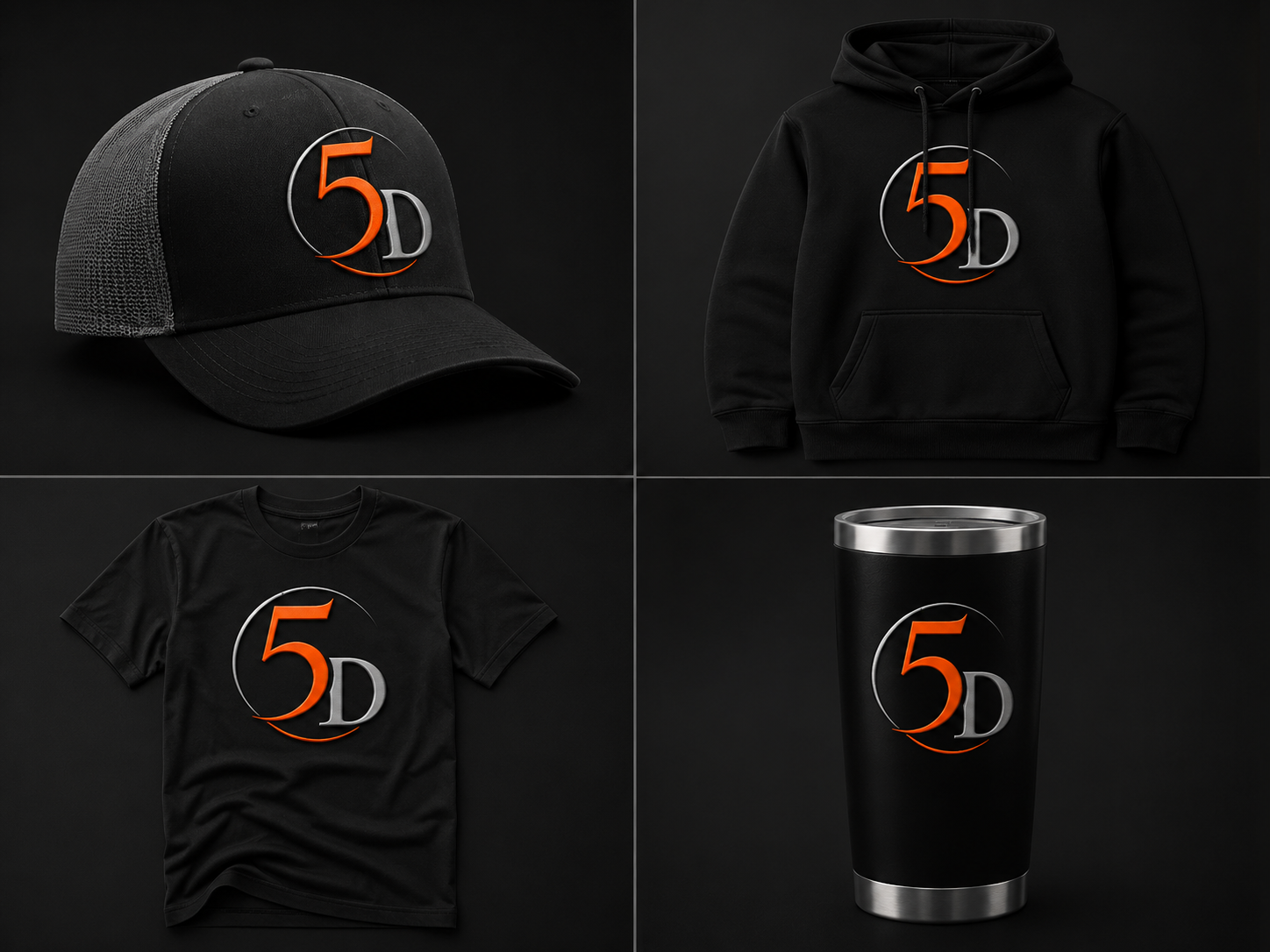 Collection of four black items with a logo: a baseball cap, a hoodie, a t-shirt, and a travel mug, all displaying a logo with the text '5D' in orange and gray with a circular design.