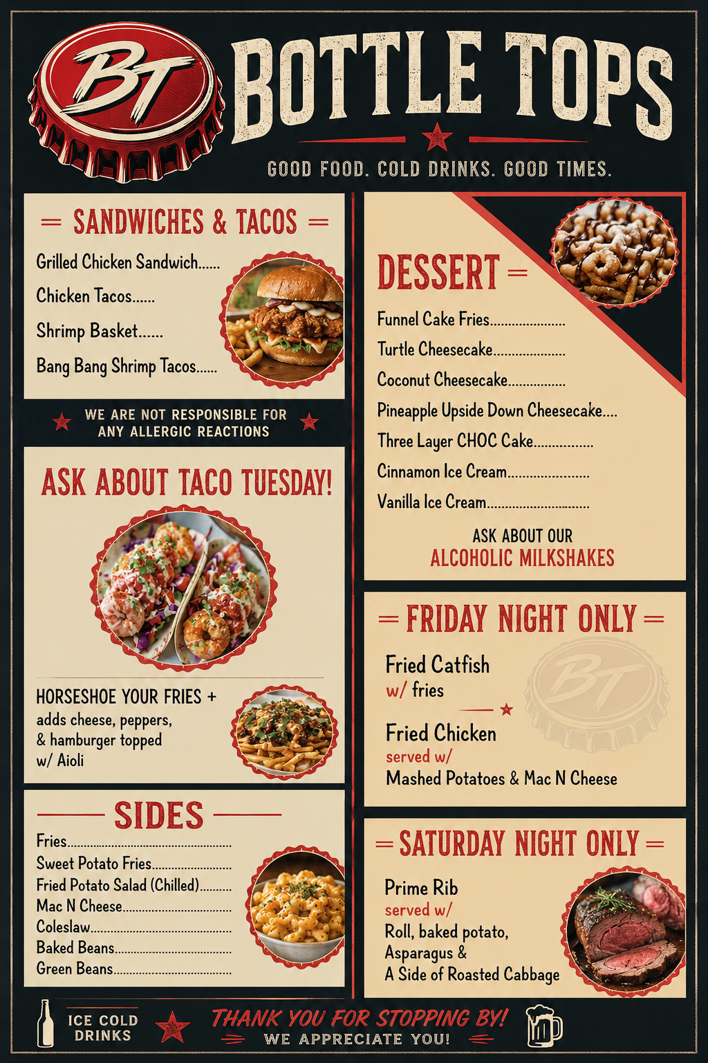 A restaurant menu for Bottle Tops with sections for sandwiches and tacos, dessert, sides, and special Friday and Saturday night dishes. The menu features food images, drink icons, and a patriotic red, white, and blue color scheme.