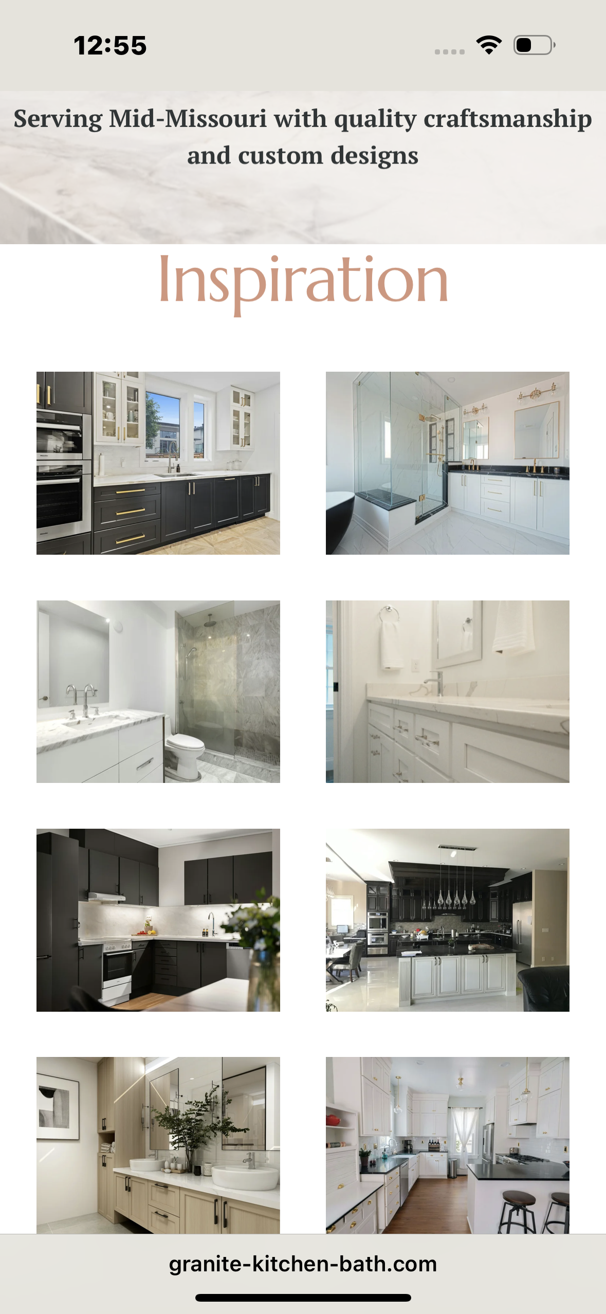Collage of kitchen and bathroom interior photos, featuring modern designs with white, black, and gray color schemes, marble surfaces, and natural lighting.