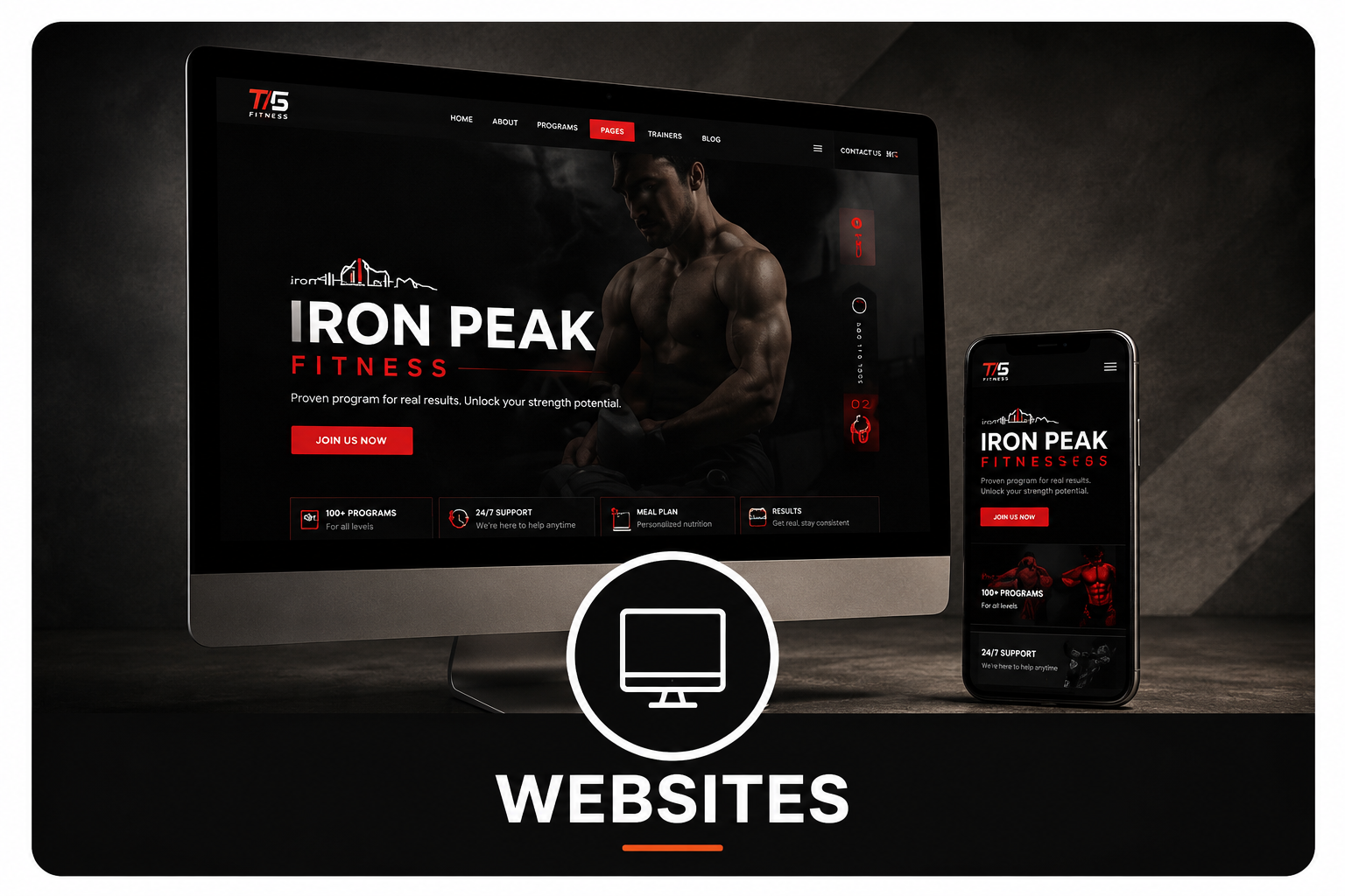 A desktop computer and a smartphone displaying the same fitness website for Iron Peak Fitness, featuring a muscular man, program details, and a join button, with the word "Websites" and a computer icon below.