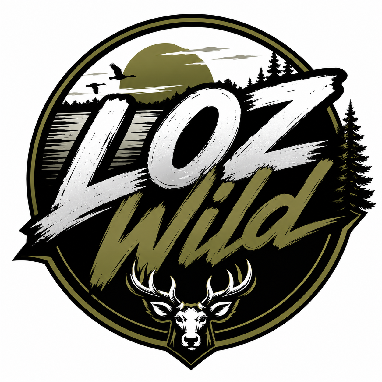 Outdoor logo with a black background, showing a deer head at the bottom, a lake, trees, and a sunset with flying birds. The text reads 'LOZ NIZ' in bold, stylized white and tan lettering.