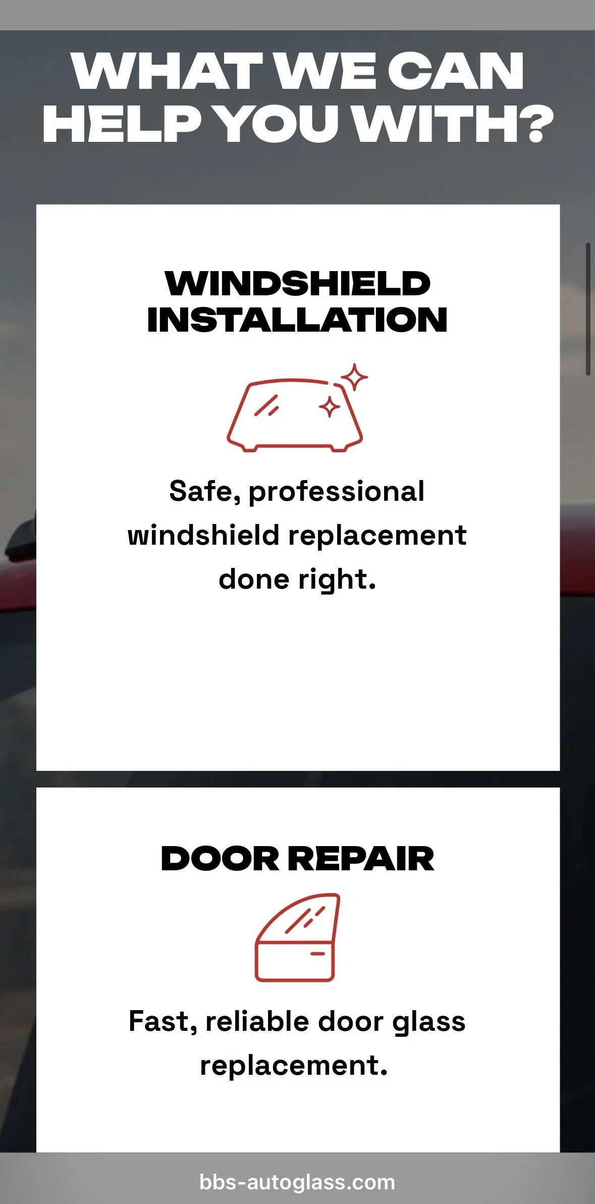 A vertical advertisement listing services for car windshield and door glass replacement, including windshield installation with a sparkly icon and door repair with a window icon.