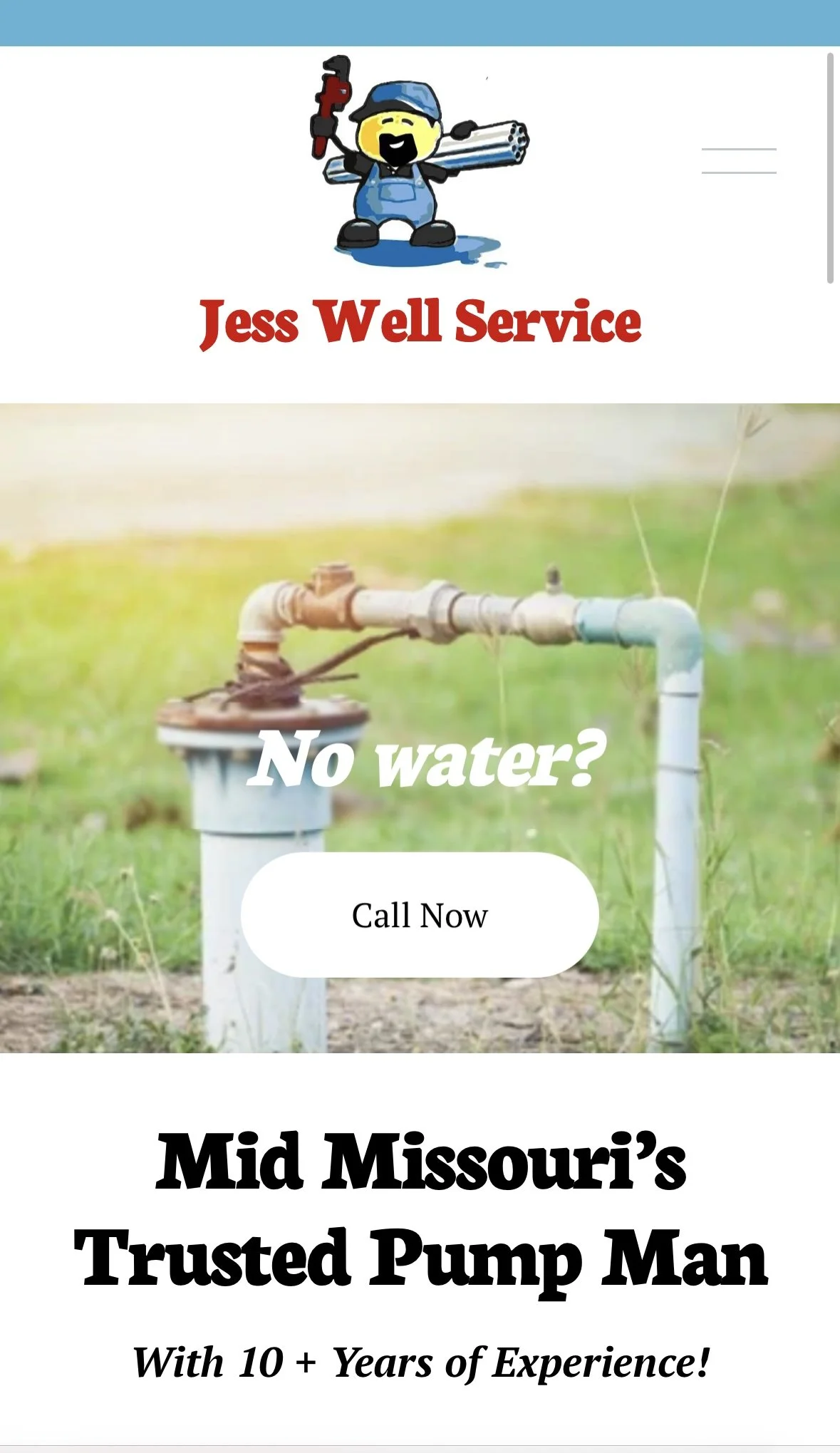 The image shows a flyer for Jess Well Service featuring a cartoon character with a yellow face, blue overalls, a blue cap, holding a wrench, and carrying pipes. The flyer highlights water well services with a background image of a water pump and pipe