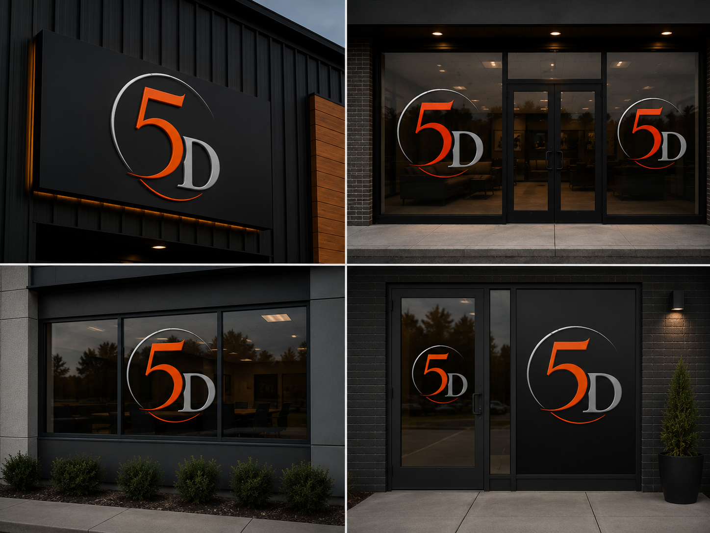 Various views of a modern commercial building with signage featuring the number '5' and the letter 'D' in orange and gray colors, displayed on the exterior and glass doors.