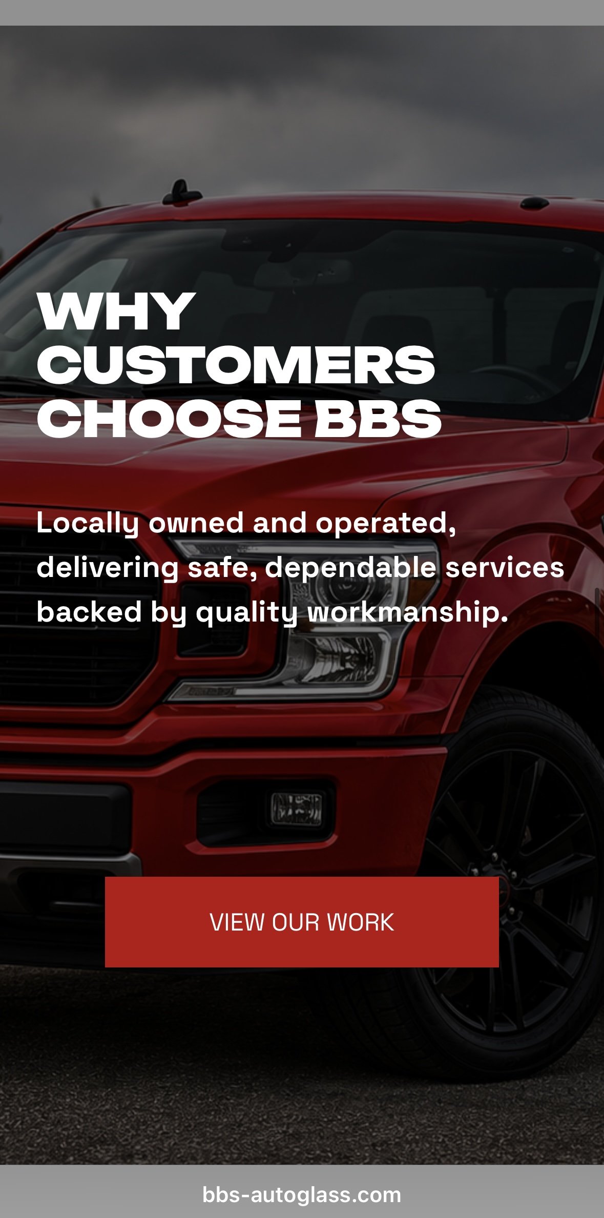Red pickup truck with text overlay about choosing BBS, a locally owned and operated service provider, displayed on a dark cloudy background.