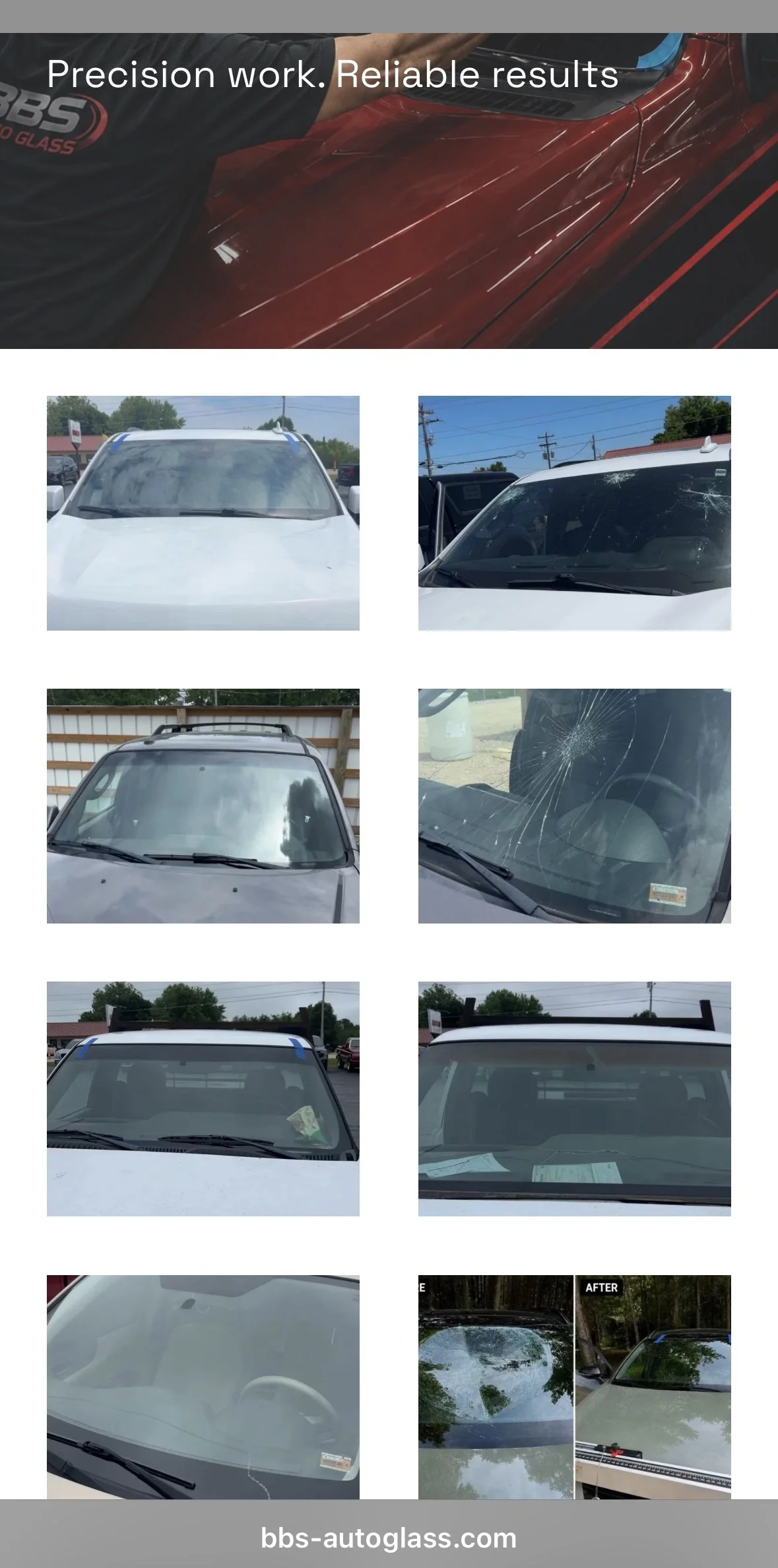 Series of images showing a car before and after windshield repair, including images of the windshield with cracks and the repaired, clear windshield.