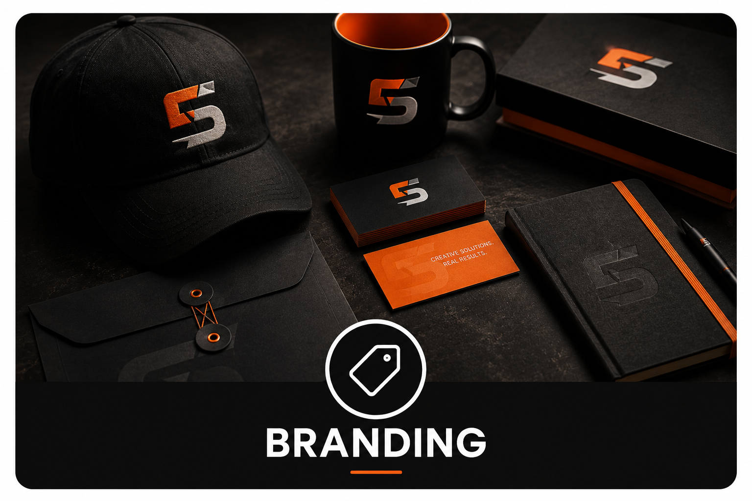 Black branding kit with logo, business cards, mug, notebook, envelope, and pen, all featuring a black, white, and orange color scheme.