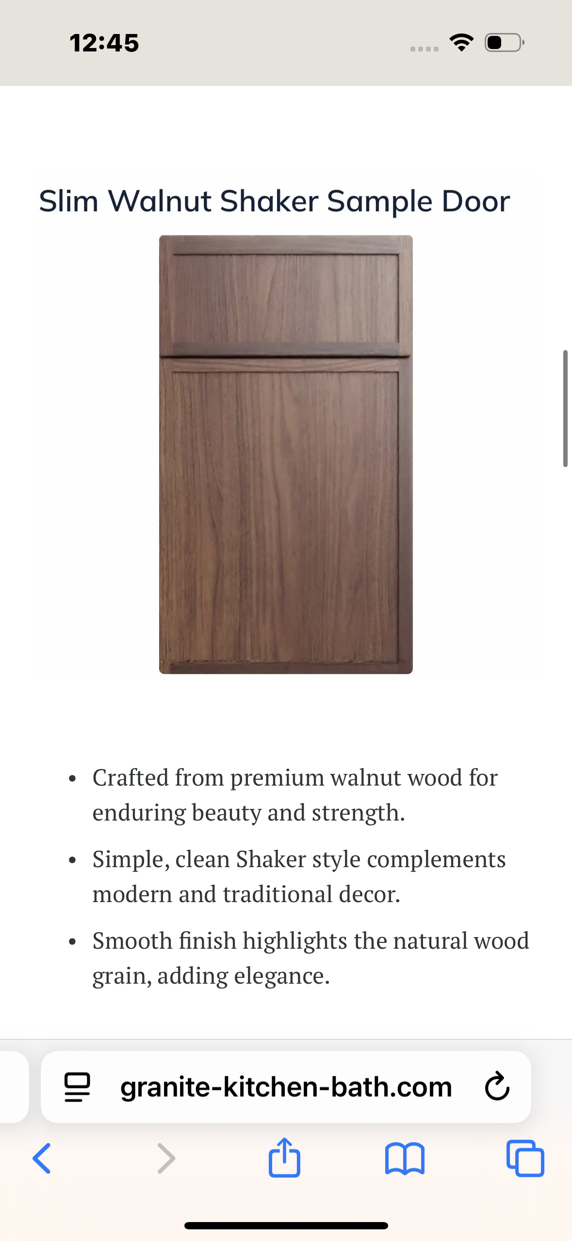 A wooden door called 'Slim Walnut Shaker Sample Door' made from premium walnut wood with a smooth finish, showcasing natural wood grain, designed for modern and traditional decor.
