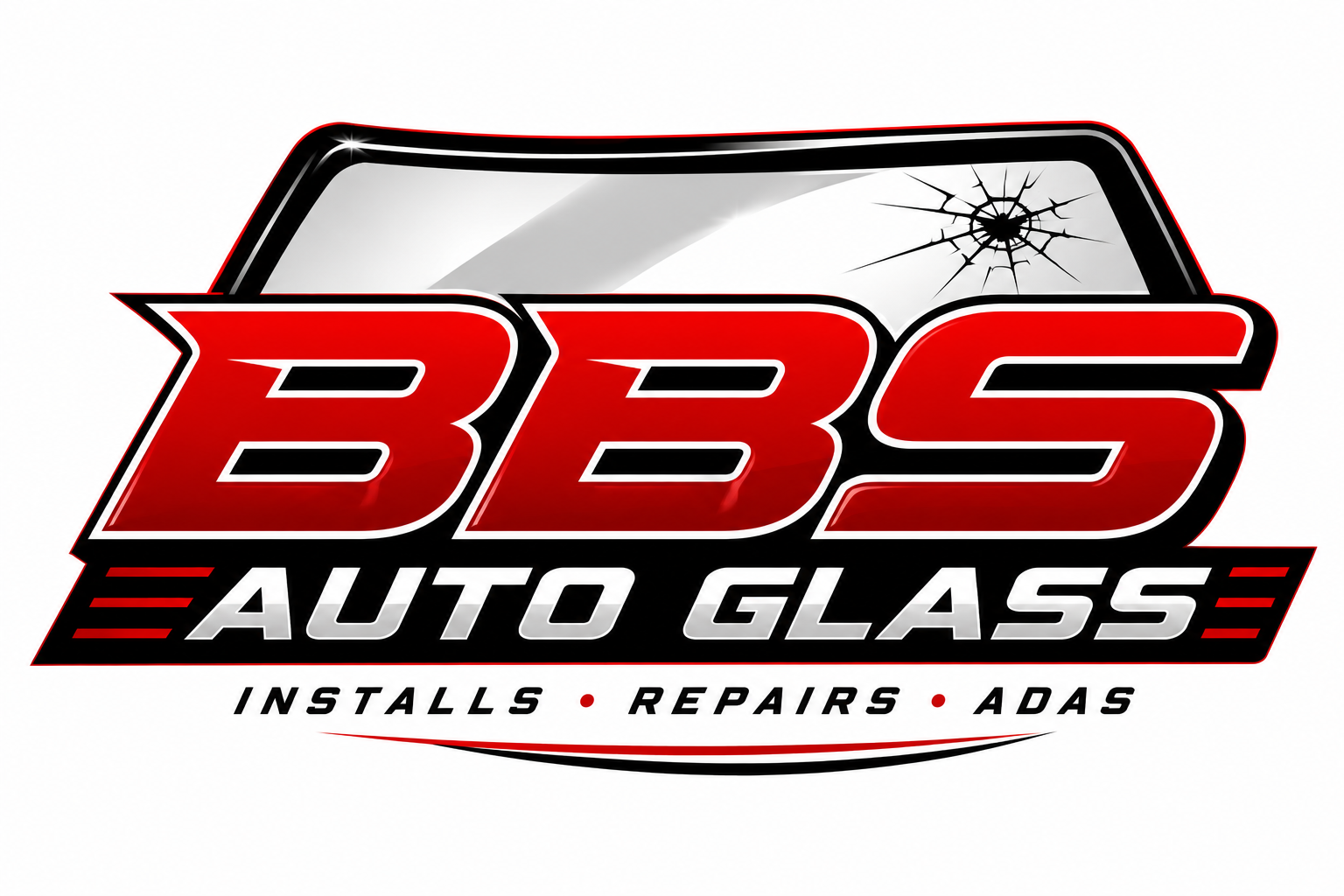 Logo for BBS Auto Glass featuring a cracked windshield and bold red and black text.