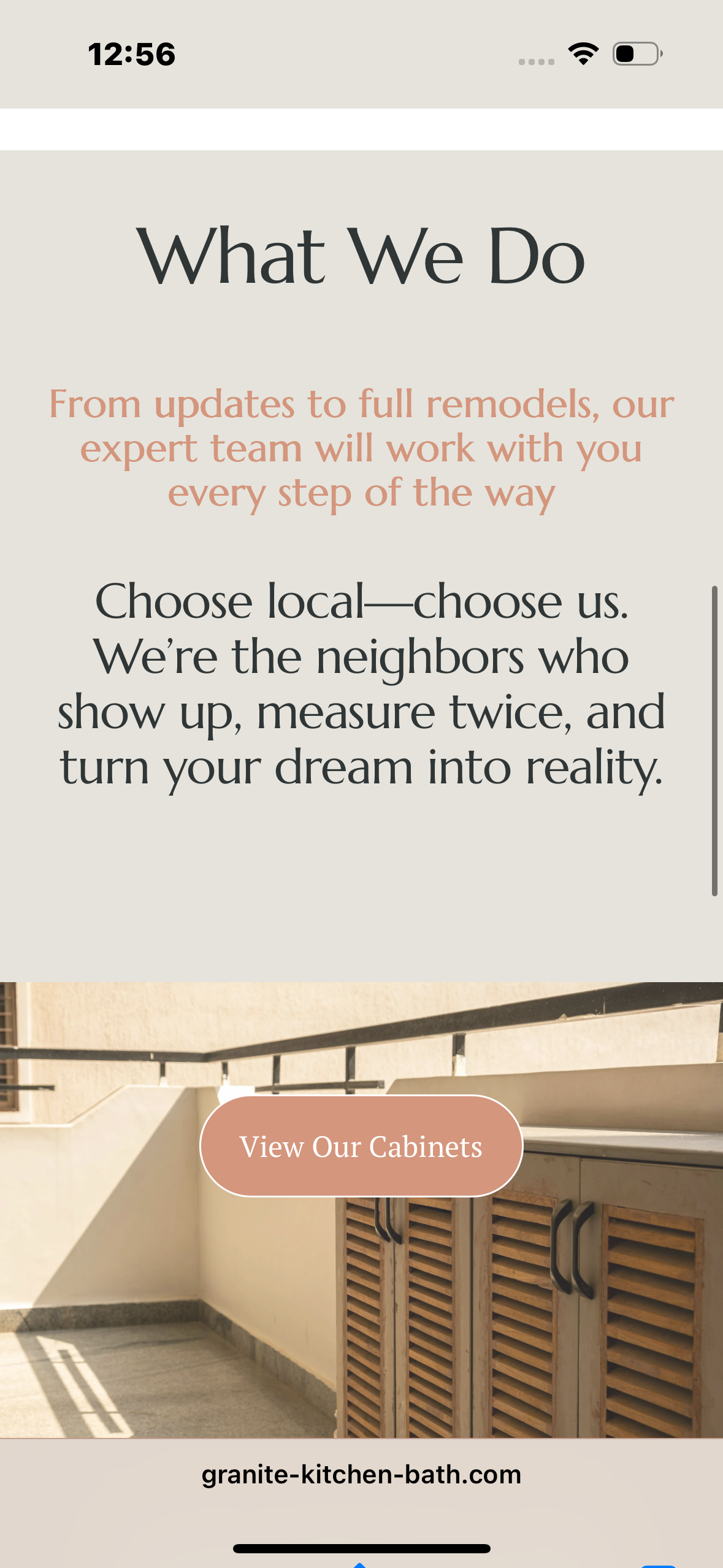 Website section titled 'What We Do' with text about remodeling services, a button labeled 'View Our Cabinets', and a partial view of a balcony with wooden cabinets and railings.