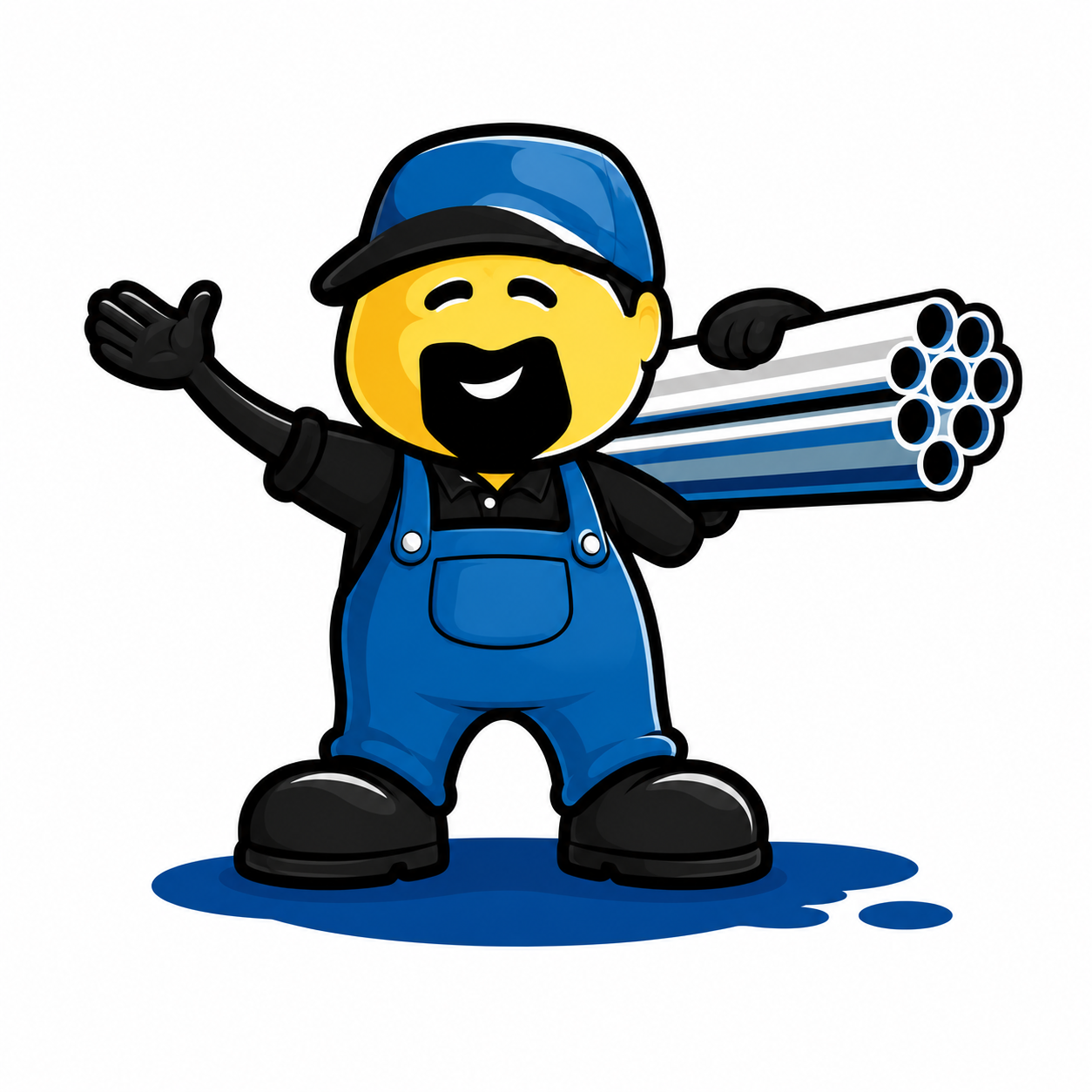 Cartoon character dressed in blue overalls and a cap, smiling and holding a bundle of pipes.