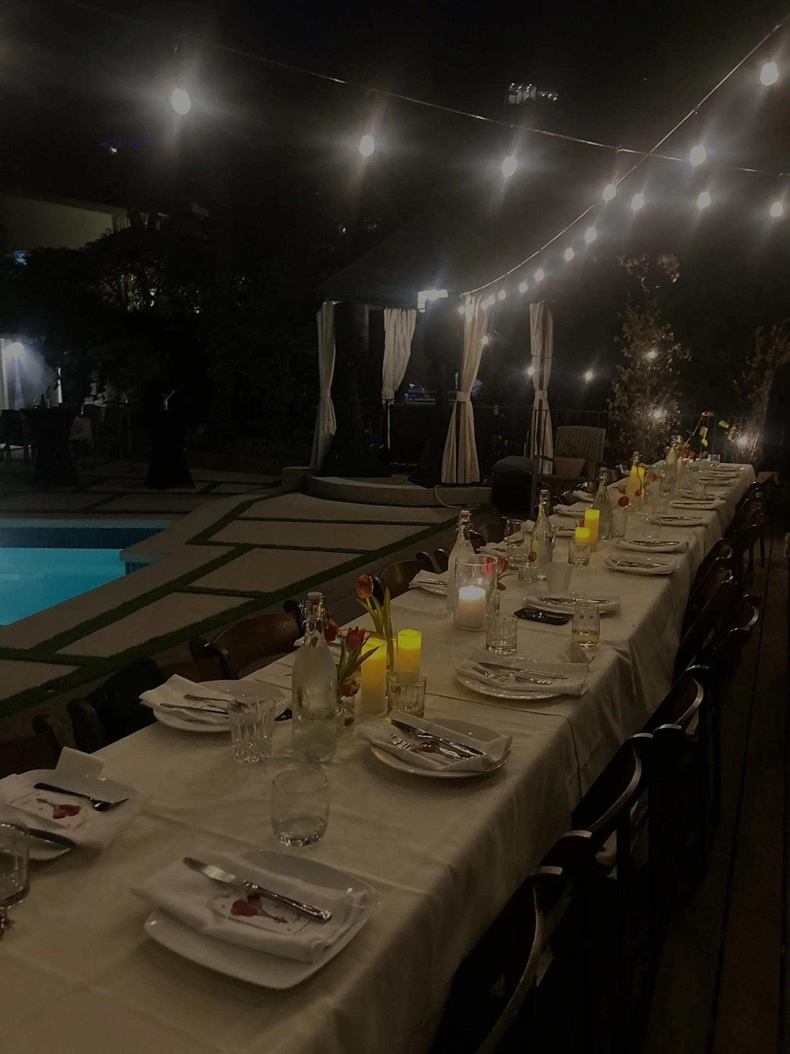 6ft Long Tables buffet style w/ Wood Padded Chairs & String Lights