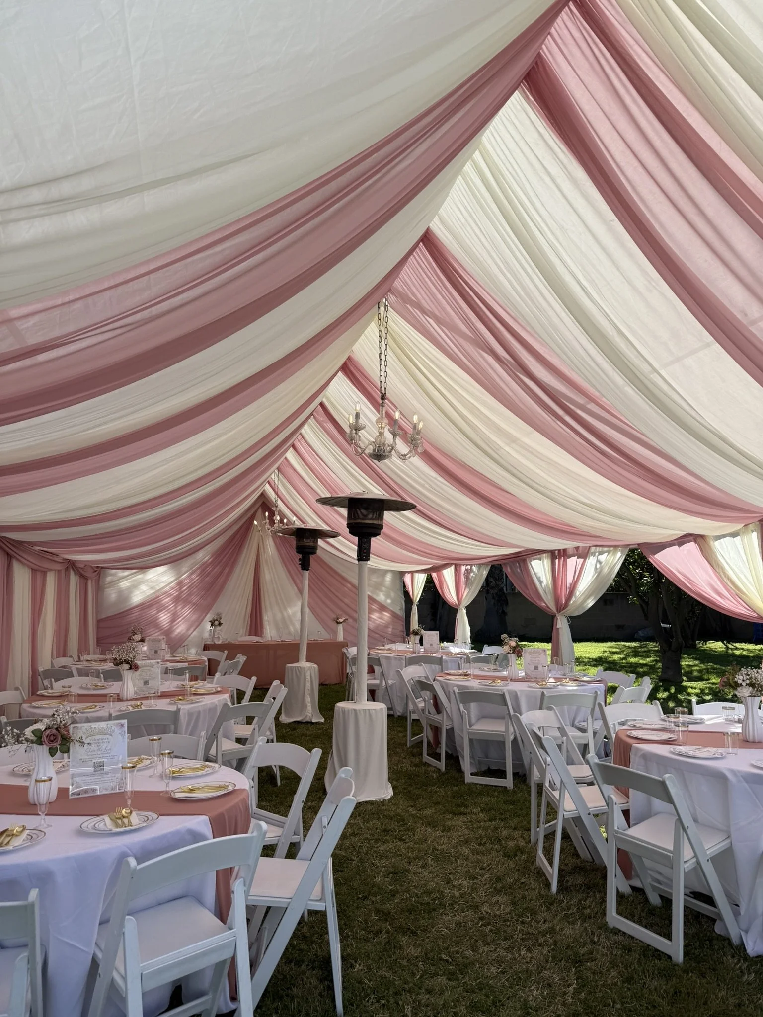 20x40 tent draped with cream & dirty rose