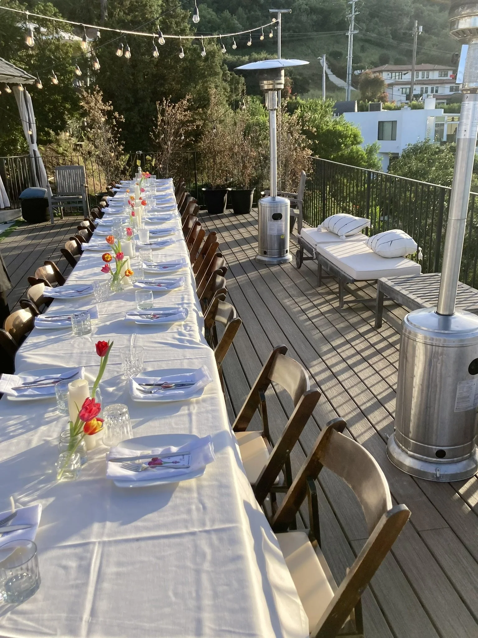 6ft Long Tables buffet style w/ Wood Padded Chairs & String Lights