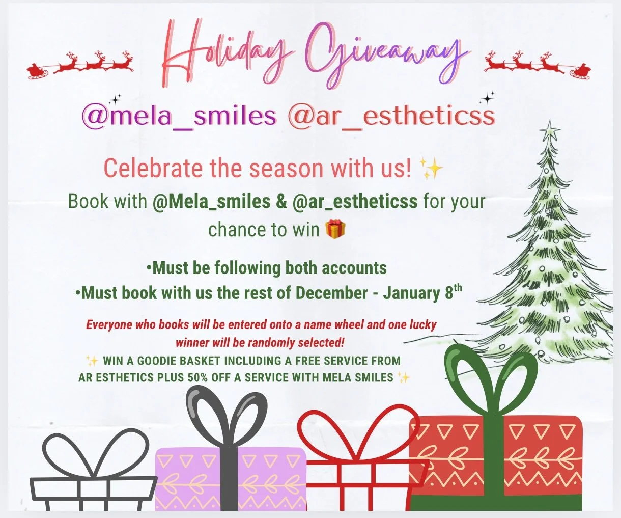 ✨ Giving away something special this holiday season ✨
Book an appointment with @Mela_smiles &amp; @ar_estheticss to enter 🎁

All bookings through January 8th will be added to a giveaway wheel 🎡
We&rsquo;ll spin the wheel and randomly select one win