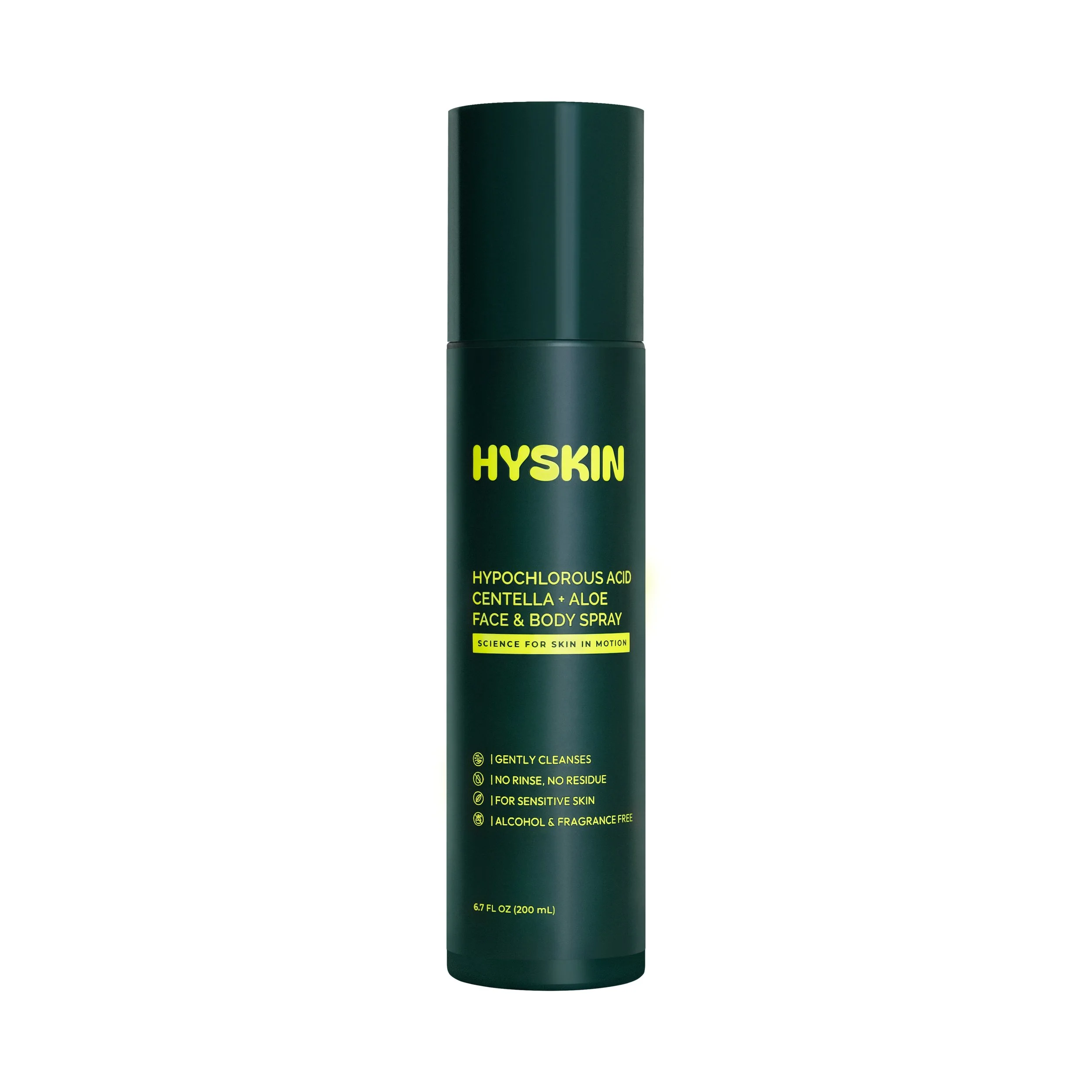 Clean white background photography for a skincare product with hypochlorous acid, centella, and aloe face and body spray bottle.