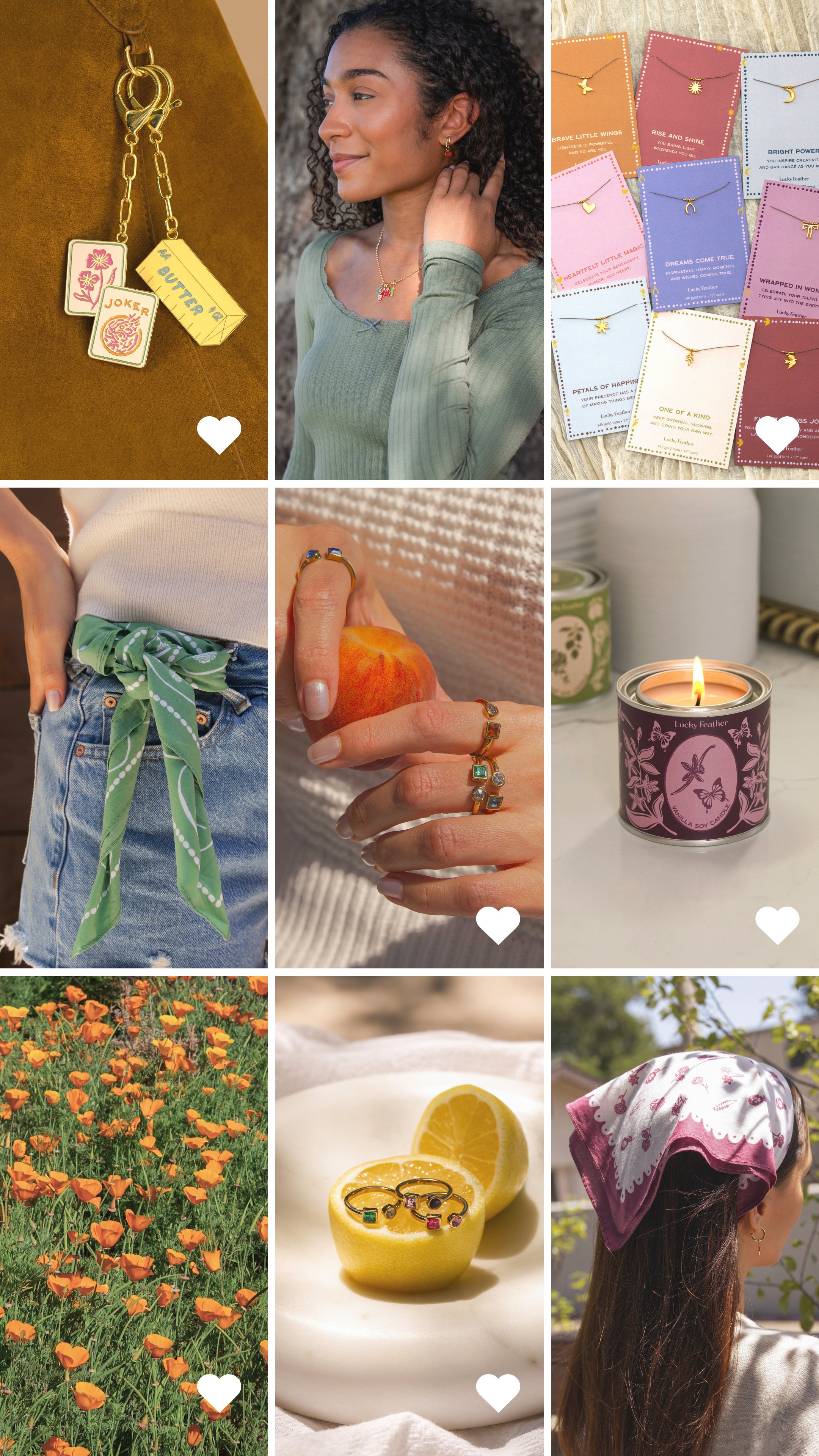 Lifestyle photography collage of colorful jewelry, gift cards, candles, rings, necklaces, floral accessories, orange poppies, lemons, and lifestyle portraits for elevated social media marketing.