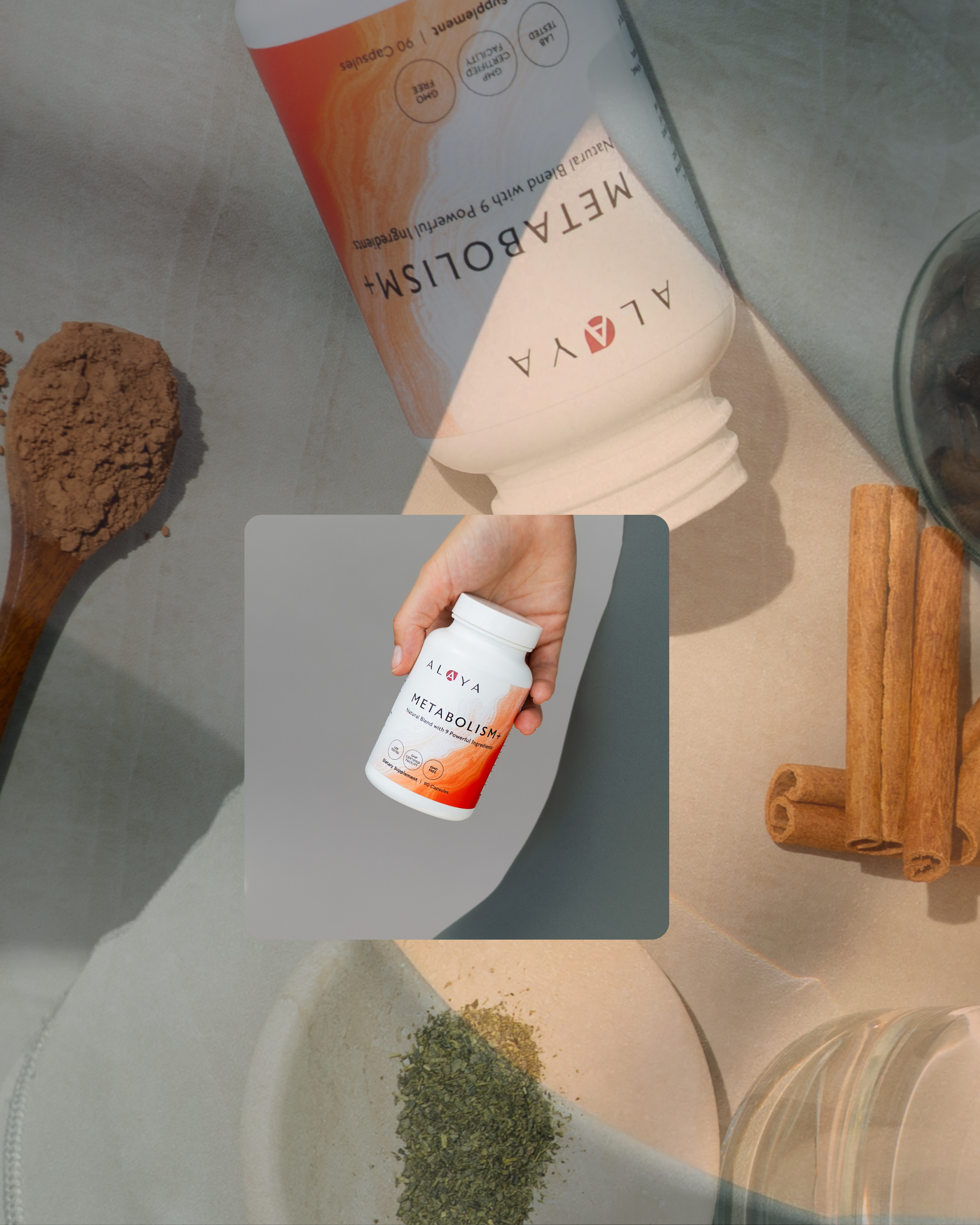Elevated product photography collage of a metabolism dietary supplement bottle held in a hand, surrounded by natural ingredients including cocoa powder, cinnamon sticks, and dried herbs.