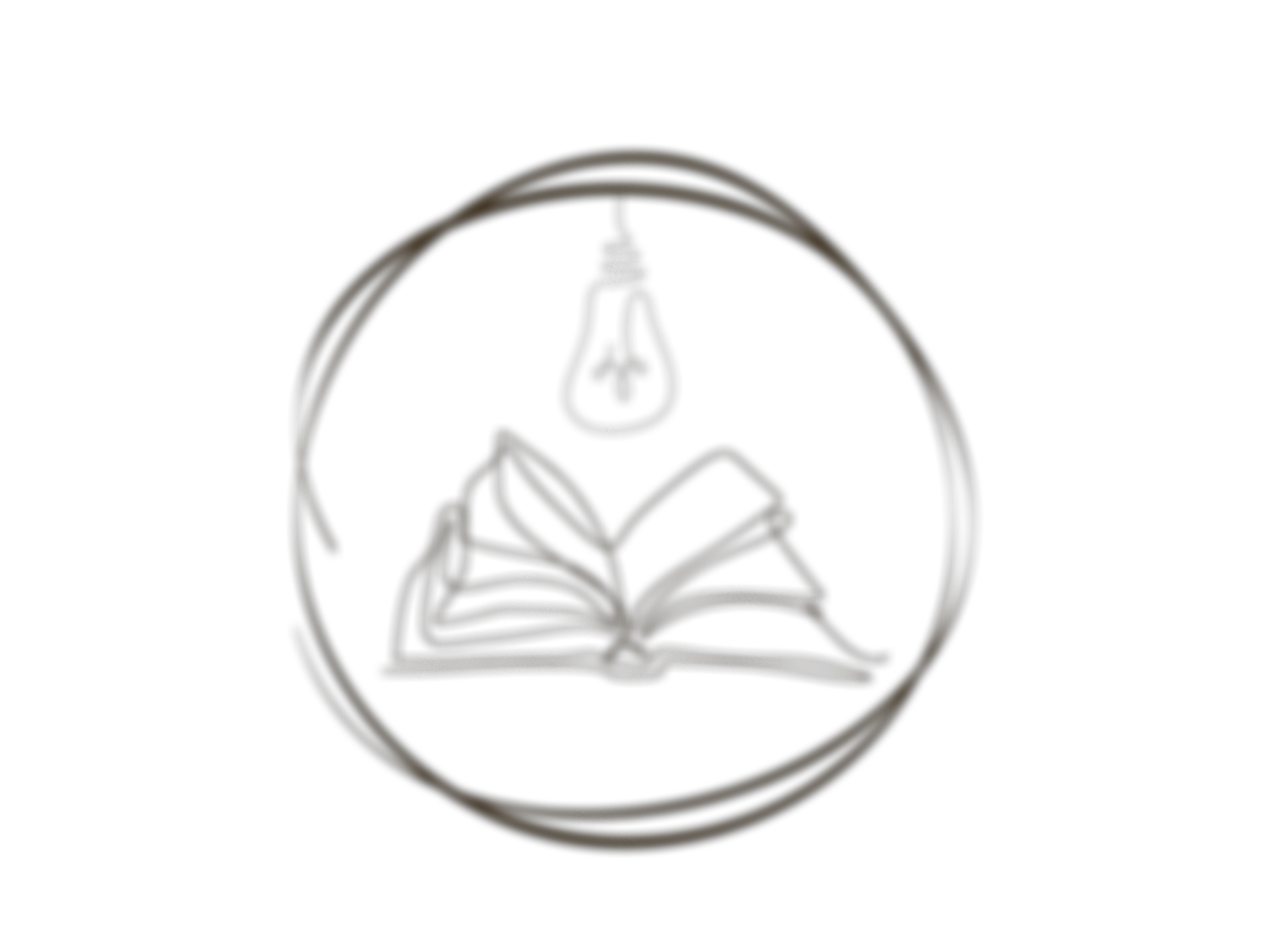 Line drawing of a lightbulb hanging above an open book, enclosed in a circular outline.