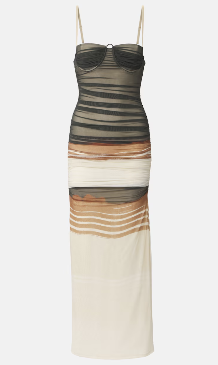 SIR | Breeze striped ruched mesh midi dress