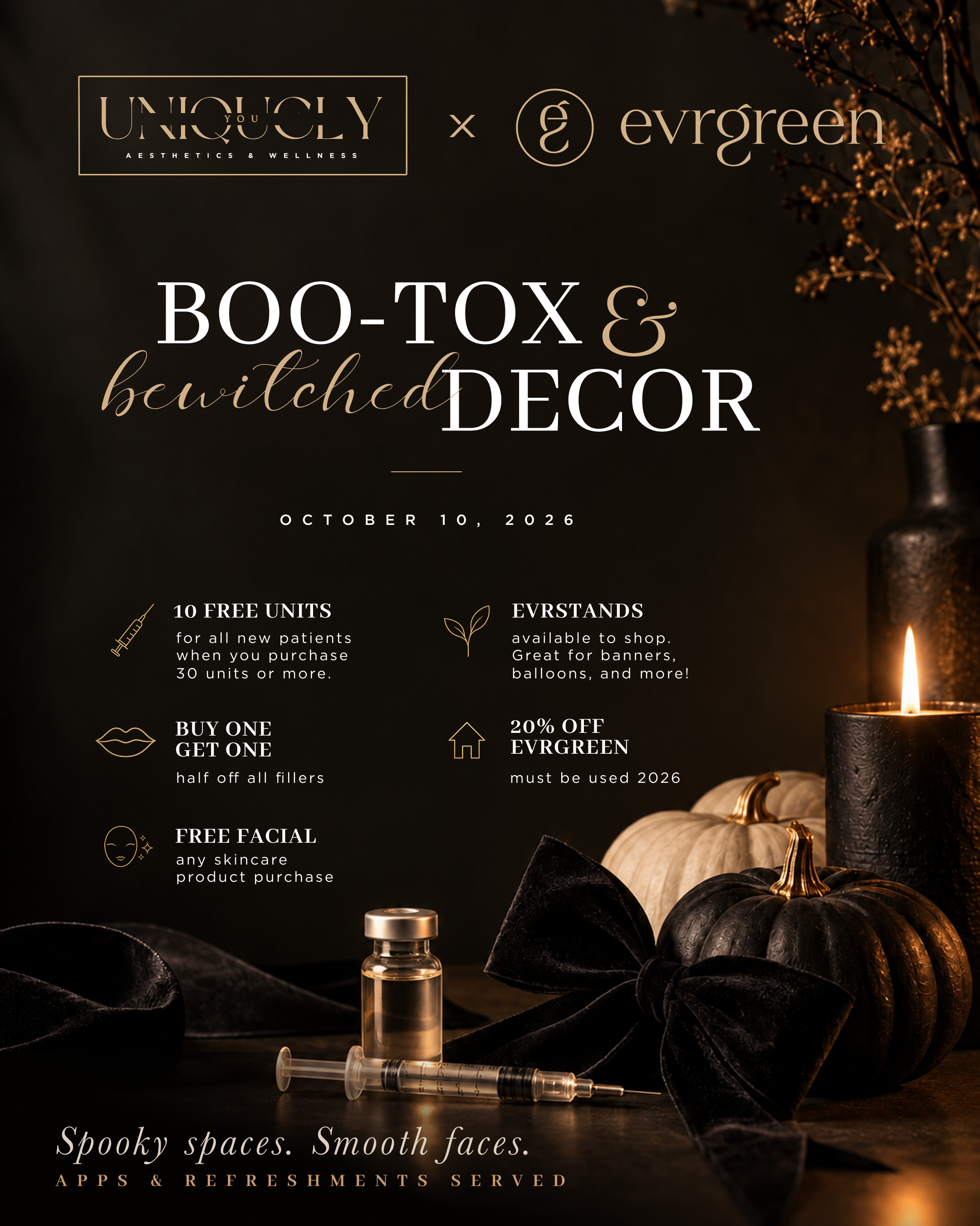 Dark-themed promotional poster for a wellness event featuring skincare treatments, decorations, and a syringe, with text about offers such as free units, discounts, and free facial treatments, set against autumnal decor with pumpkins and candles.