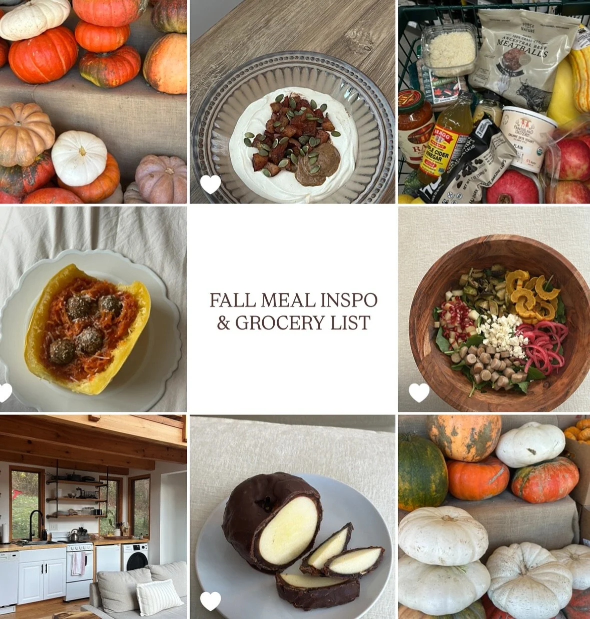 here to make balanced, seasonal eating simple this fall with some of my favorite meals: 

* Saut&eacute;ed Cinnamon Apple Yogurt Bowl 
* Kale Harvest Salad w/ Maple Dijon Dressing 
* Spaghetti (Squash) &amp; Meatballs 
* (Date) Caramel Apples 

fill 