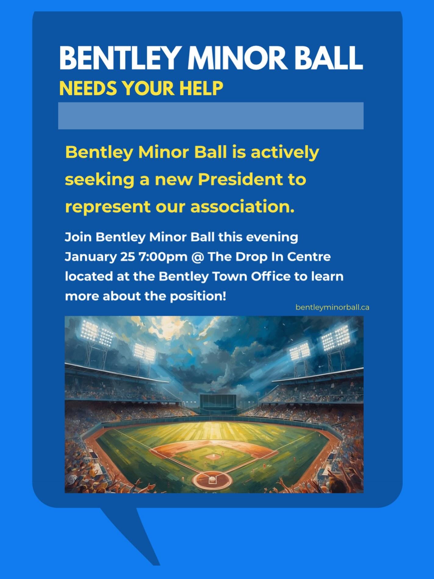 📣 Bentley Minor Ball Annual General Meeting &ndash; This Evening ⚾️ 

Bentley Minor Ball invites all community members, parents, and volunteers to attend our Annual General Meeting this evening, January 25th at 7:00 PM, at the Drop-In Centre located