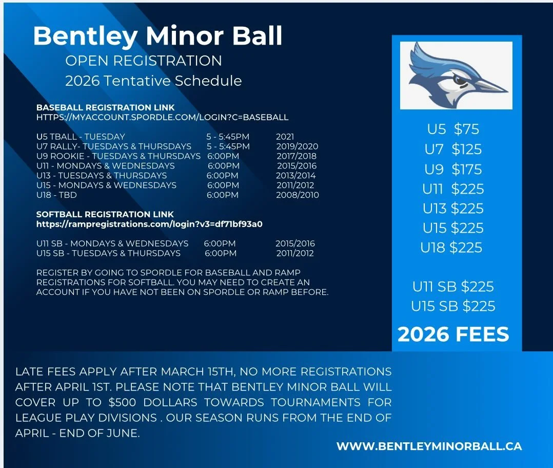 Bentley Minor Ball 
Registration Information and Fees 2026

Baseball Registration Link 
https://myaccount.spordle.com/login?c=baseball 

Softball Registration Link
https://rampregistrations.com/login?v3=df71bf93a0

Interested in coaching this year? 
