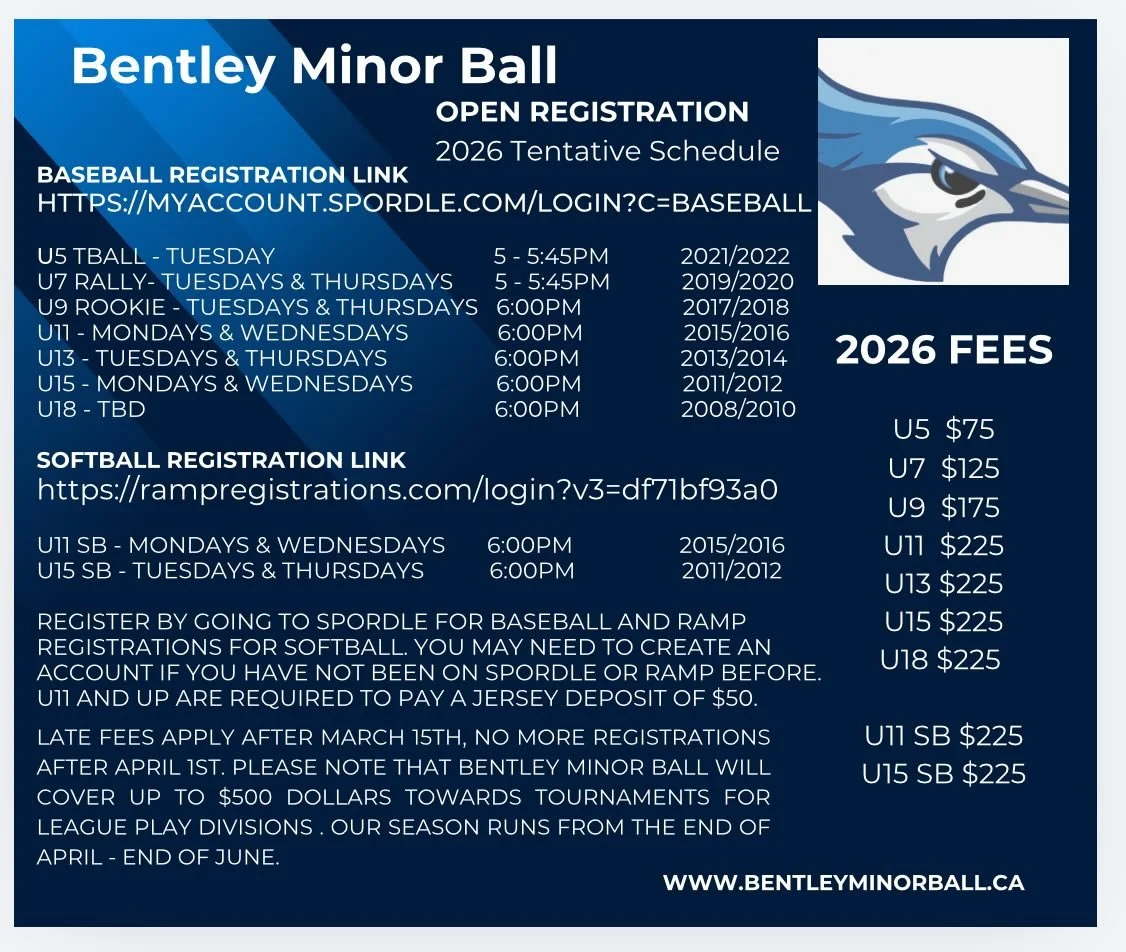 📢📢📢
Update Registration &amp; Fee Poster 

- Bentley Minor Ball is pleased to announce our TBall Divison will now include children born in 2021 &amp; 2022. 

- Divisons U11 and up are required to pay a jersey deposit of $50.00. 

Bentley Minor Bal