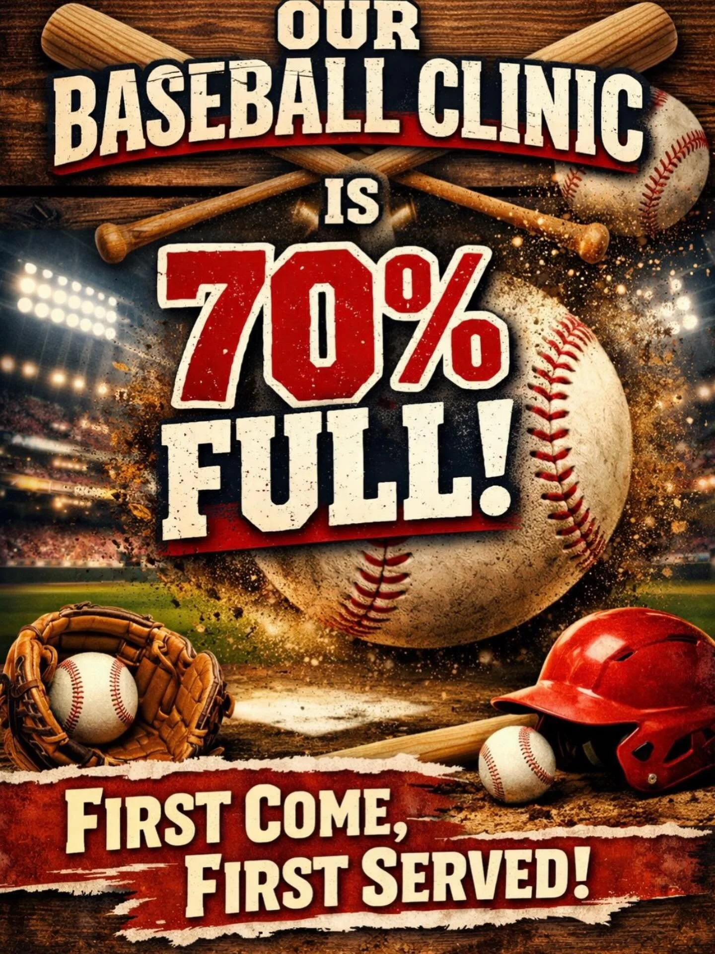 ⚾️ Our Baseball Clinic is 70% FULL! ⚾️

Spots are filling up fast and we&rsquo;re getting close to capacity! Don&rsquo;t miss out on this awesome opportunity for your athlete to learn, develop, and have fun on the field.

⏳ First Come, First Served &