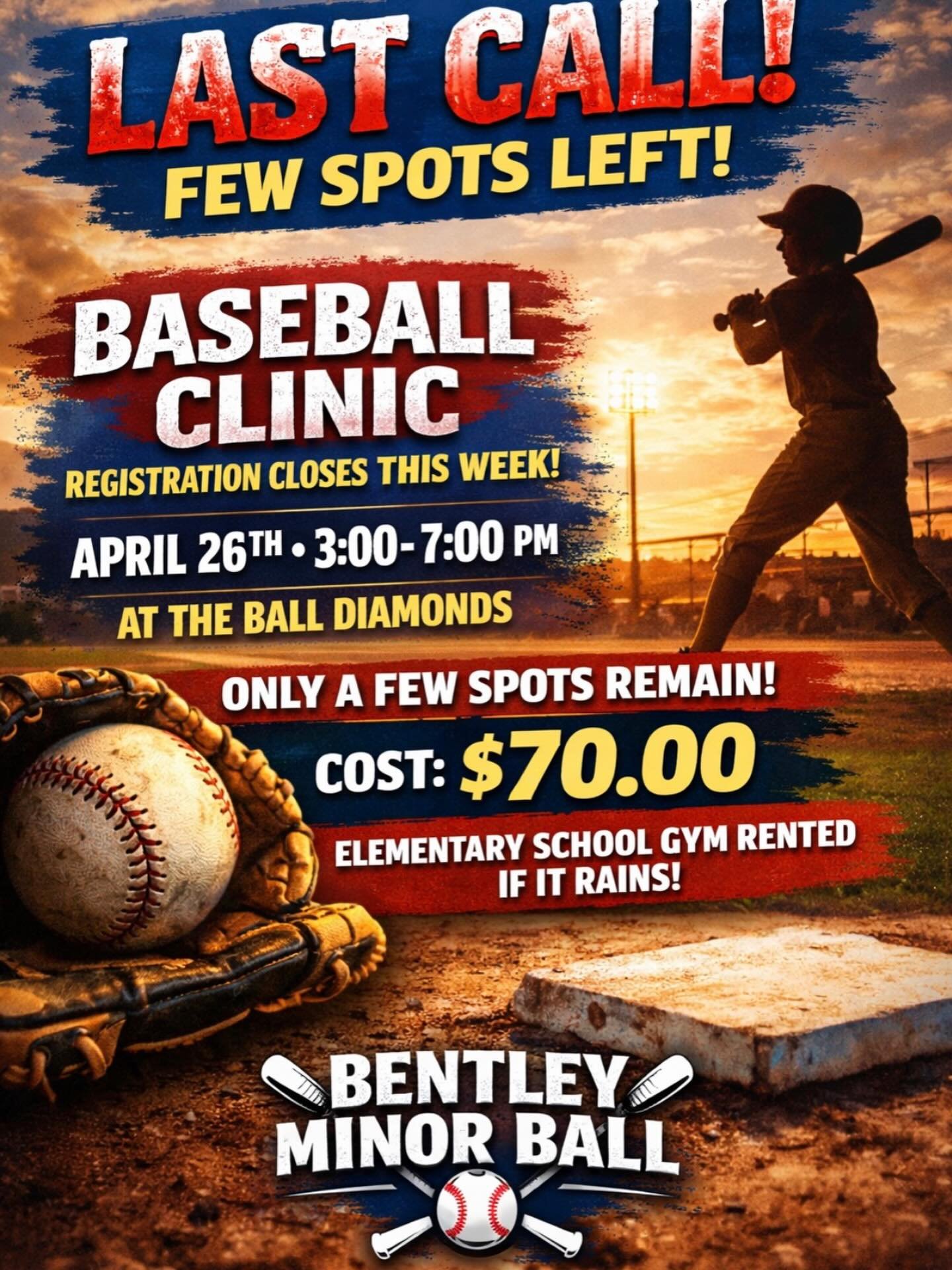 🚨 LAST CALL &ndash; BASEBALL CLINIC! 🚨

Registration officially closes tomorrow, April 15th but we have a few final spots to fill! ⚾️

If your kiddo still wants to get in on the action, now&rsquo;s the time &mdash; once these spots are gone, they&r