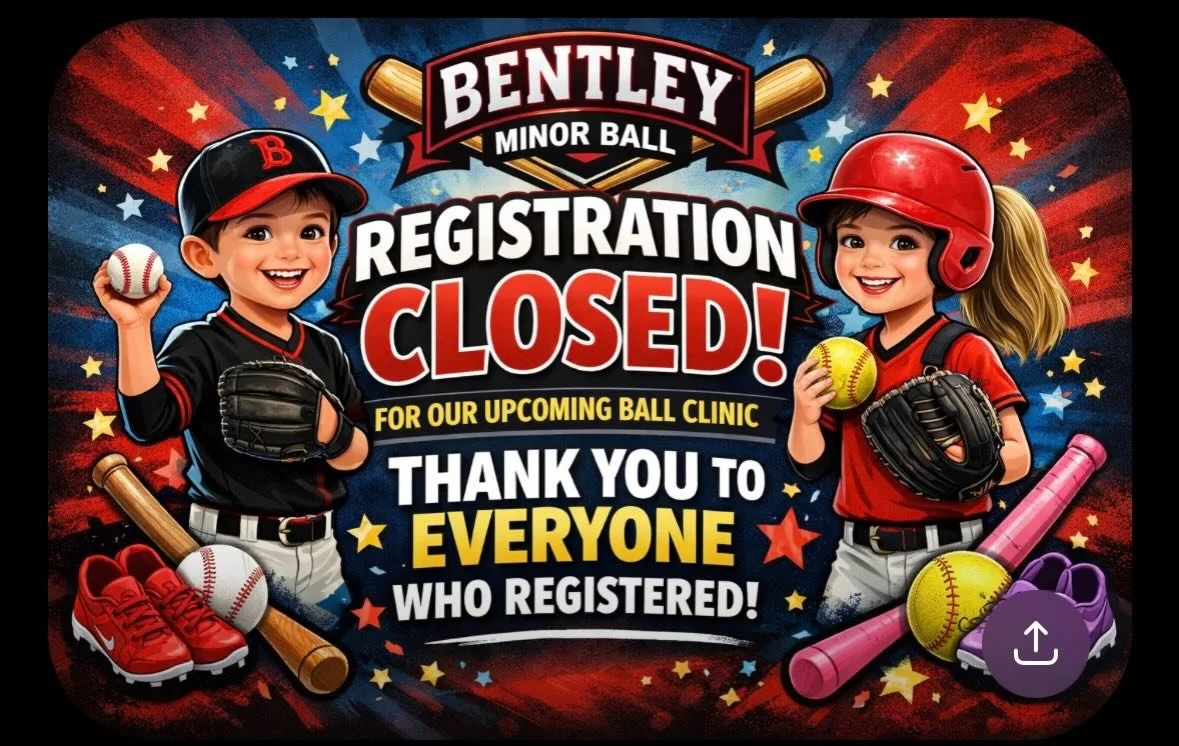 ⚾️ REGISTRATION IS NOW CLOSED! ⚾️

A huge thank you to everyone who registered for our upcoming Bentley Minor Ball Clinic! We&rsquo;re excited to see such great support from our the community&mdash;this is going to be an awesome day. 🙌

For those wh