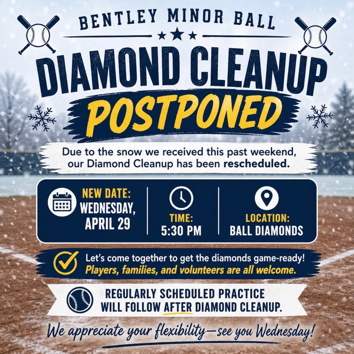 UPDATE: Diamond Cleanup Postponed

Due to the snowfall we received this past weekend, our Diamond Cleanup has been rescheduled to Wednesday, April 29 at 5:30 PM. We hope to see everyone there to help get the diamonds game-ready&mdash;many hands make 